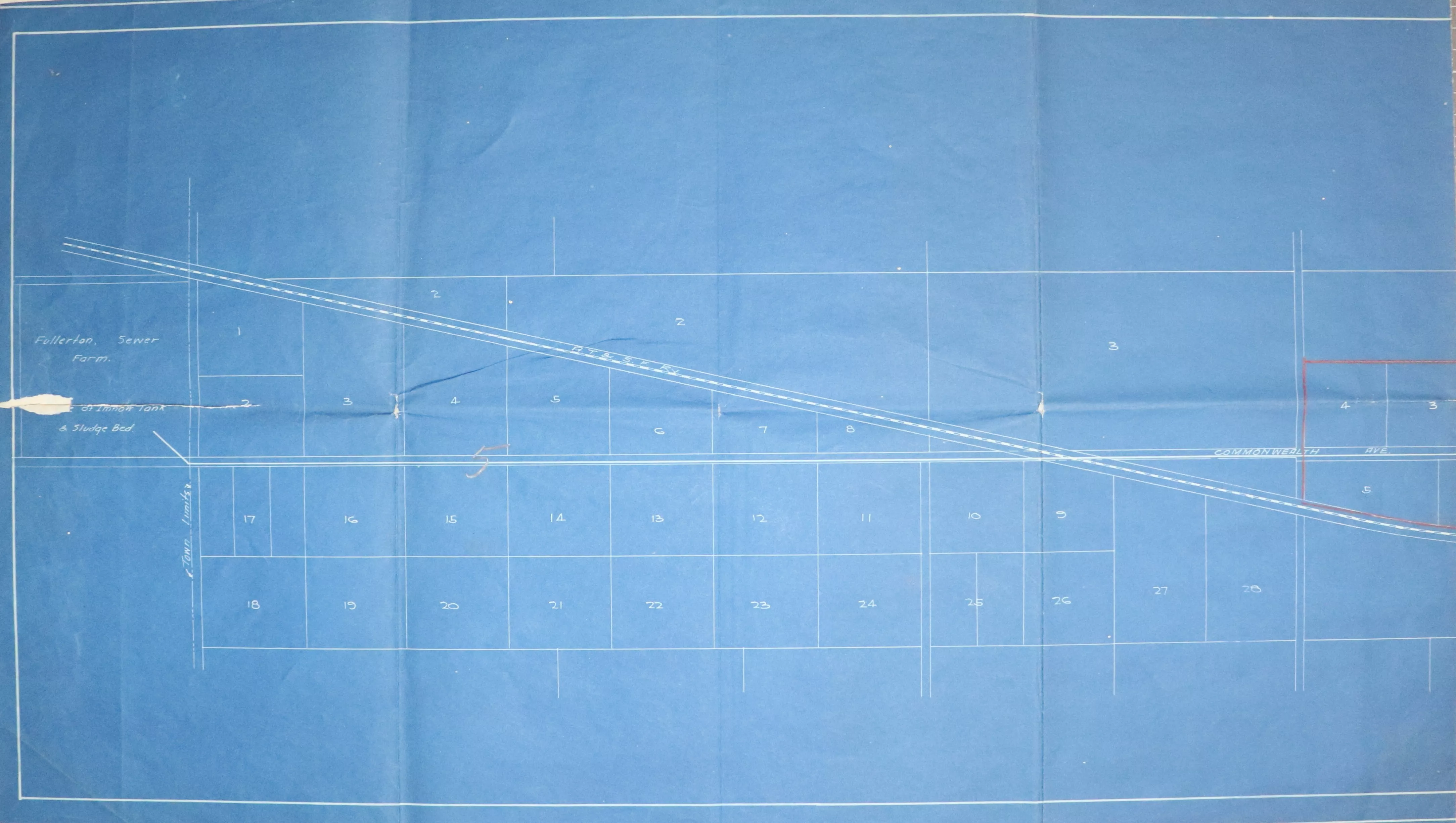 A digital scan of the City of Fullerton Sewer System (side B) map from 1913.