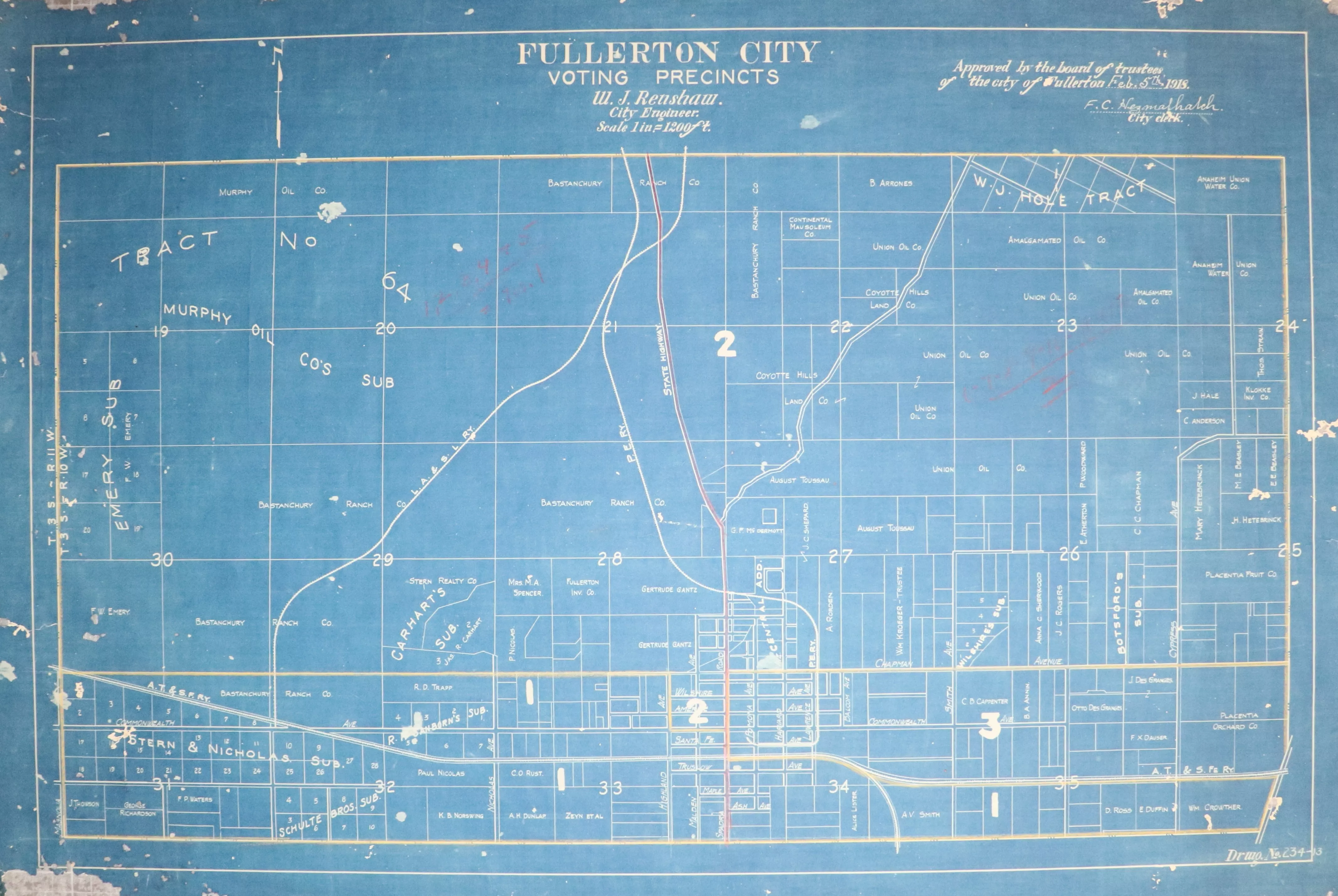 A digital scan of the voting precincts map for the City of Fullerton from 1918.