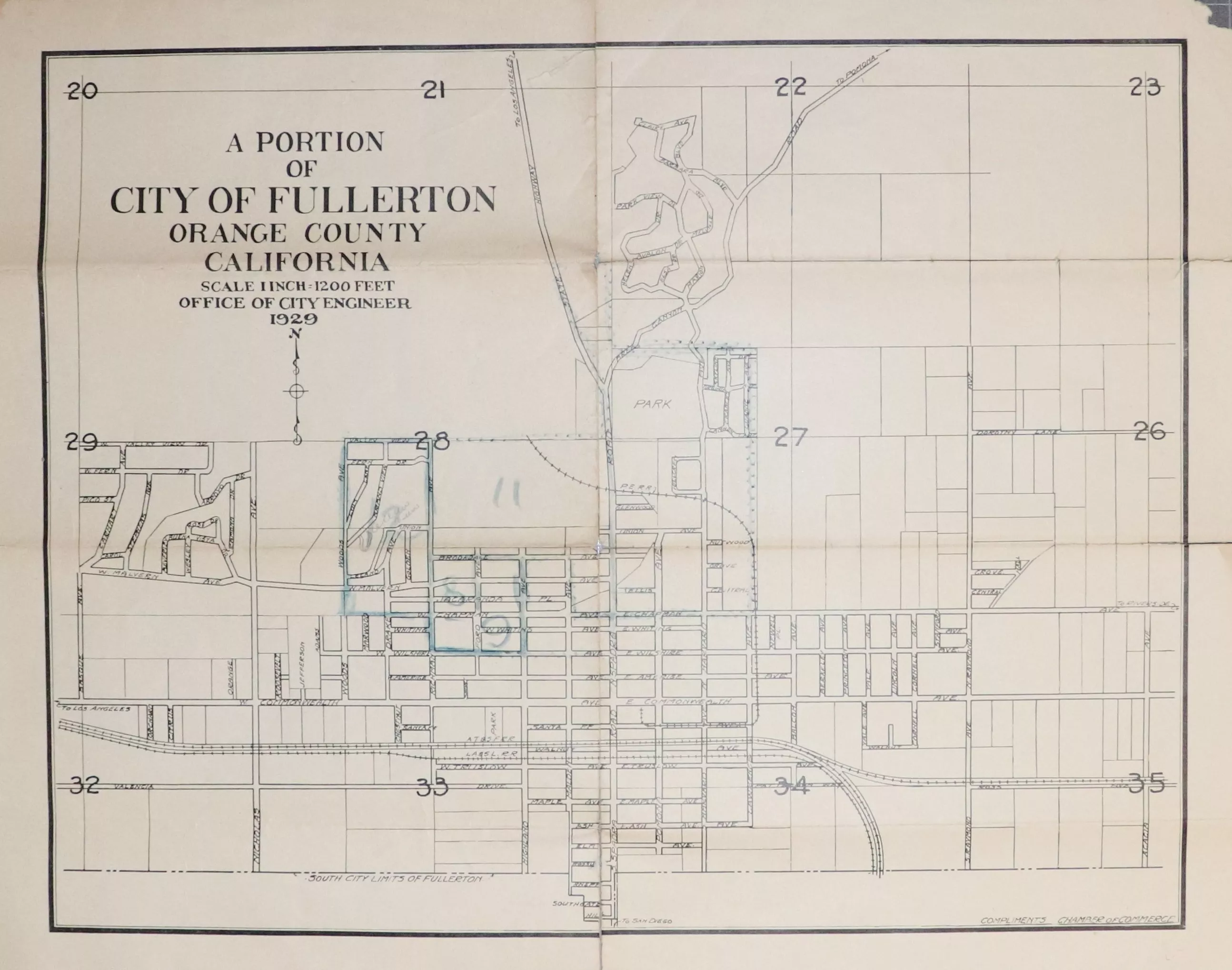 A digital scan of the City of Fullerton Engineering Department map from 1929.