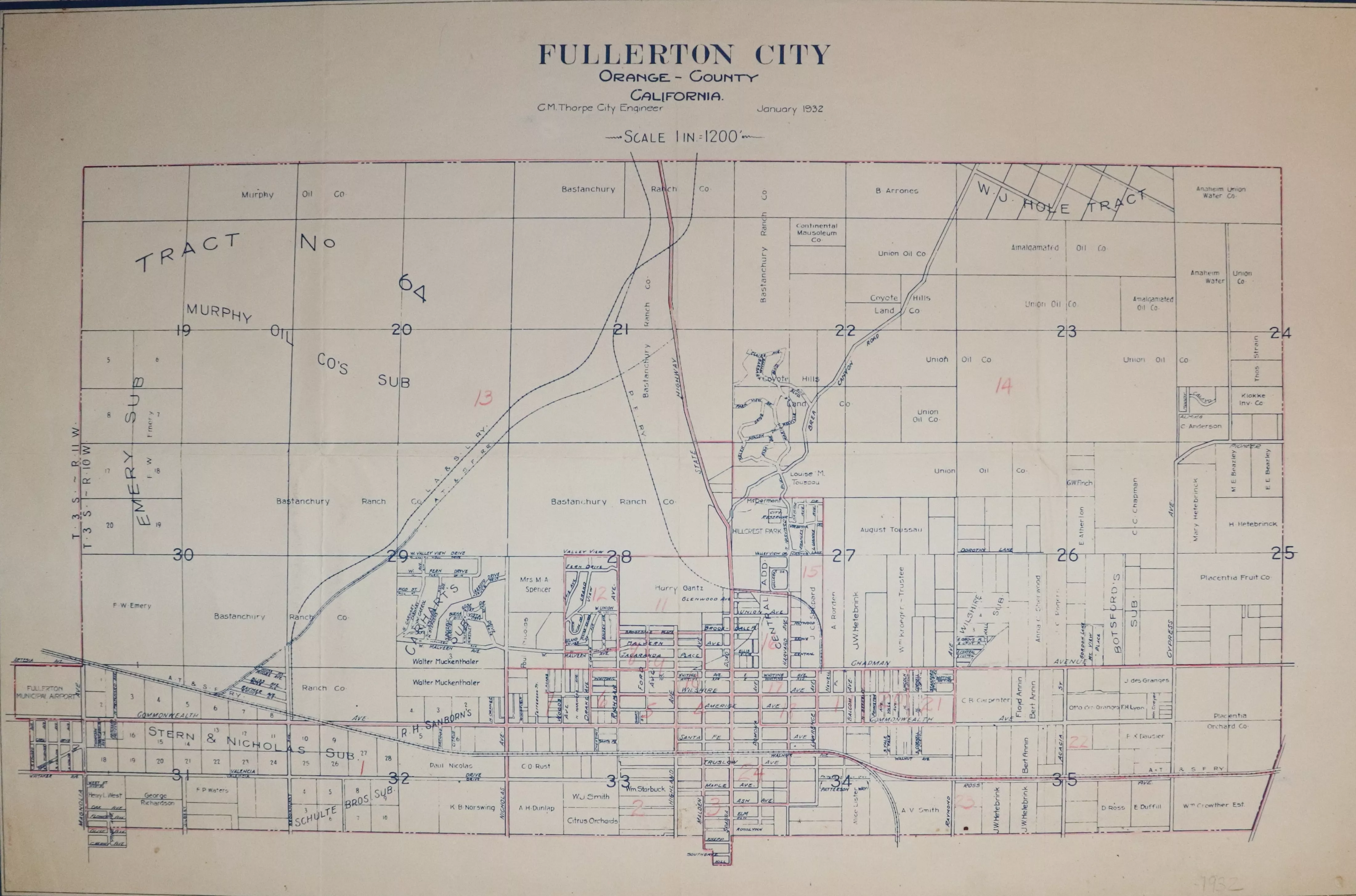 A digital scan of the City of Fullerton Engineering Department map from 1932.