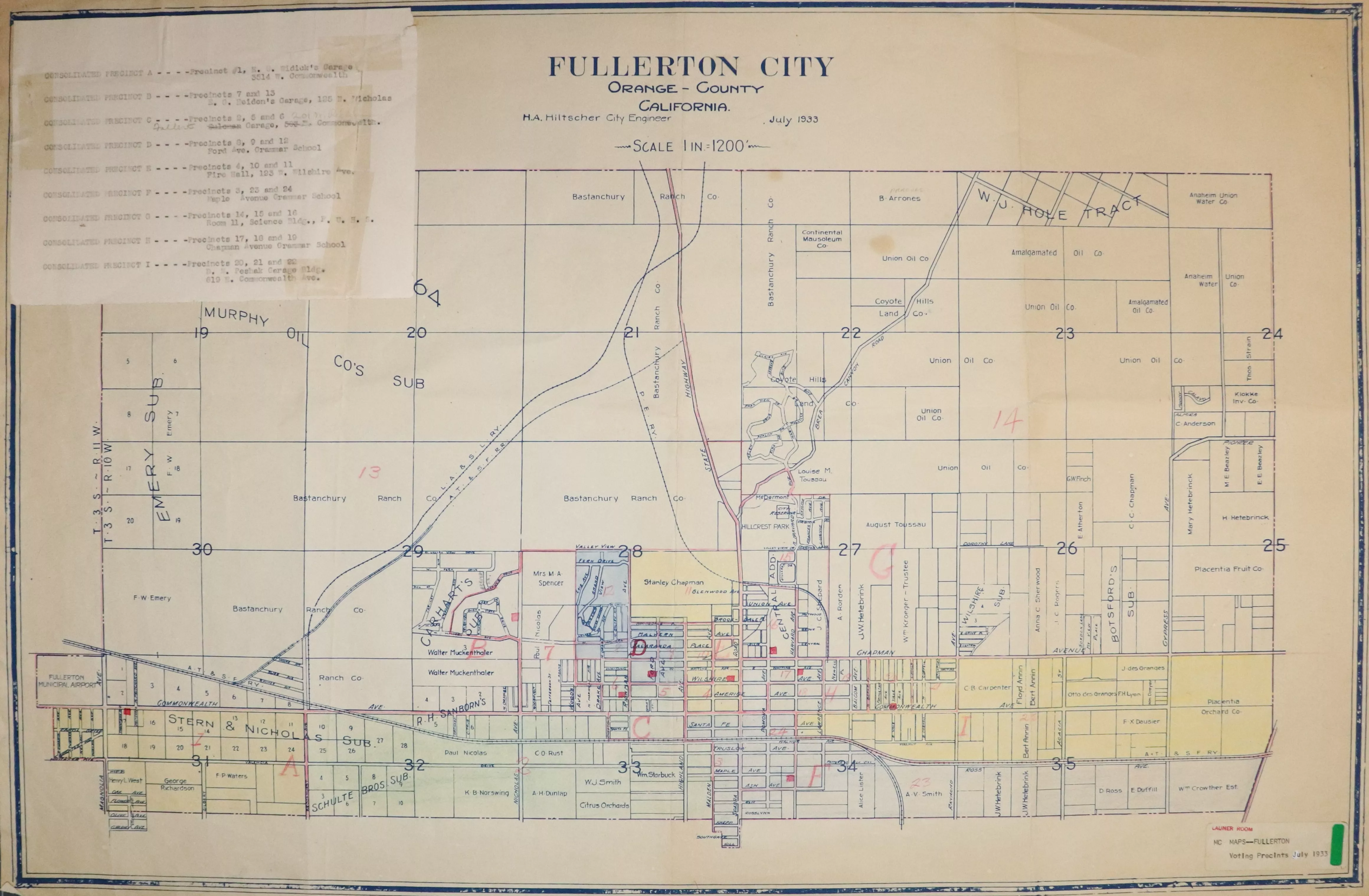 A digital scan of the voting precincts map for the City of Fullerton from 1933.