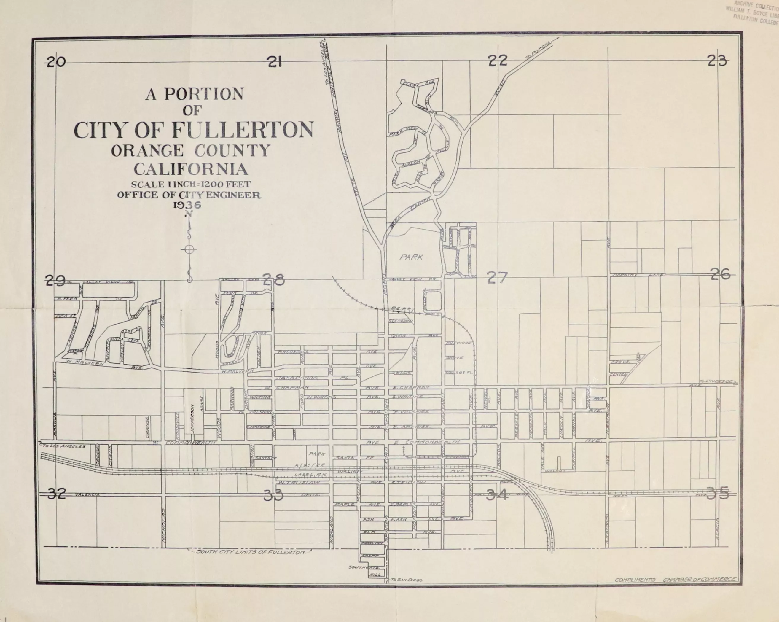 A digital scan of the City of Fullerton Engineering Department map from 1936.
