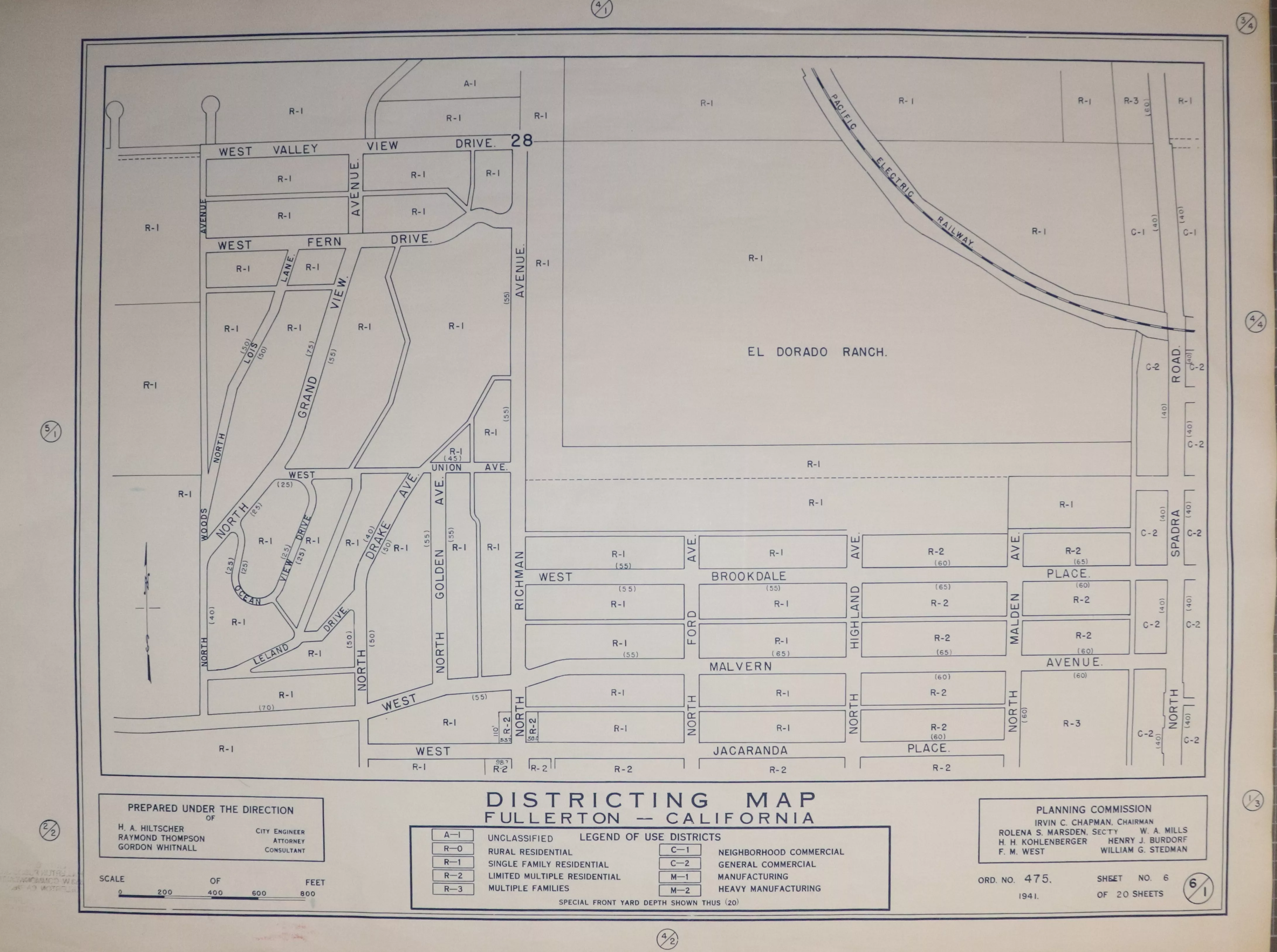 A digital scan of the Fullerton Districting Map 1-6 from 1941.