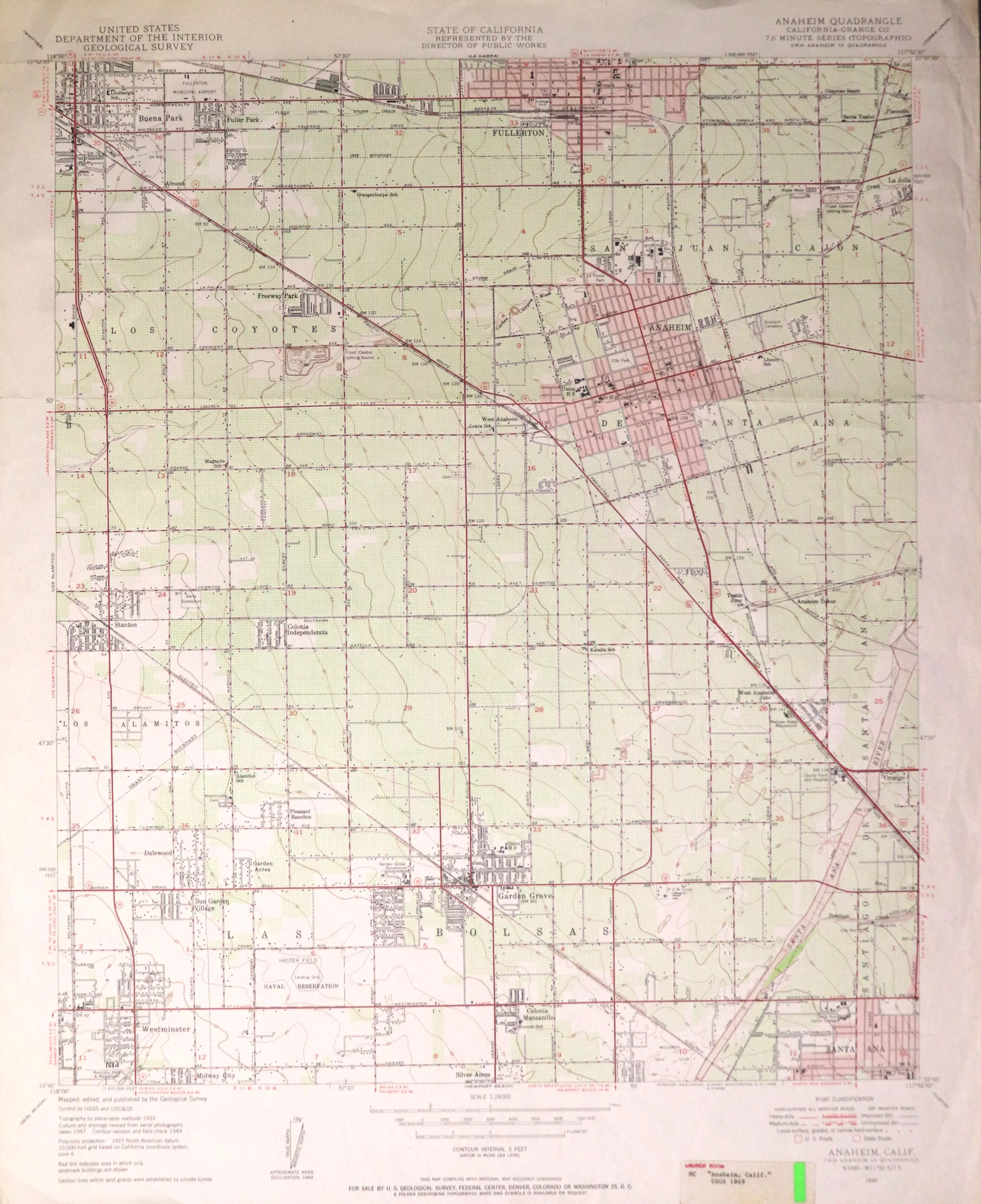 A digital scan of the Anaheim Topographic Map from 1949.