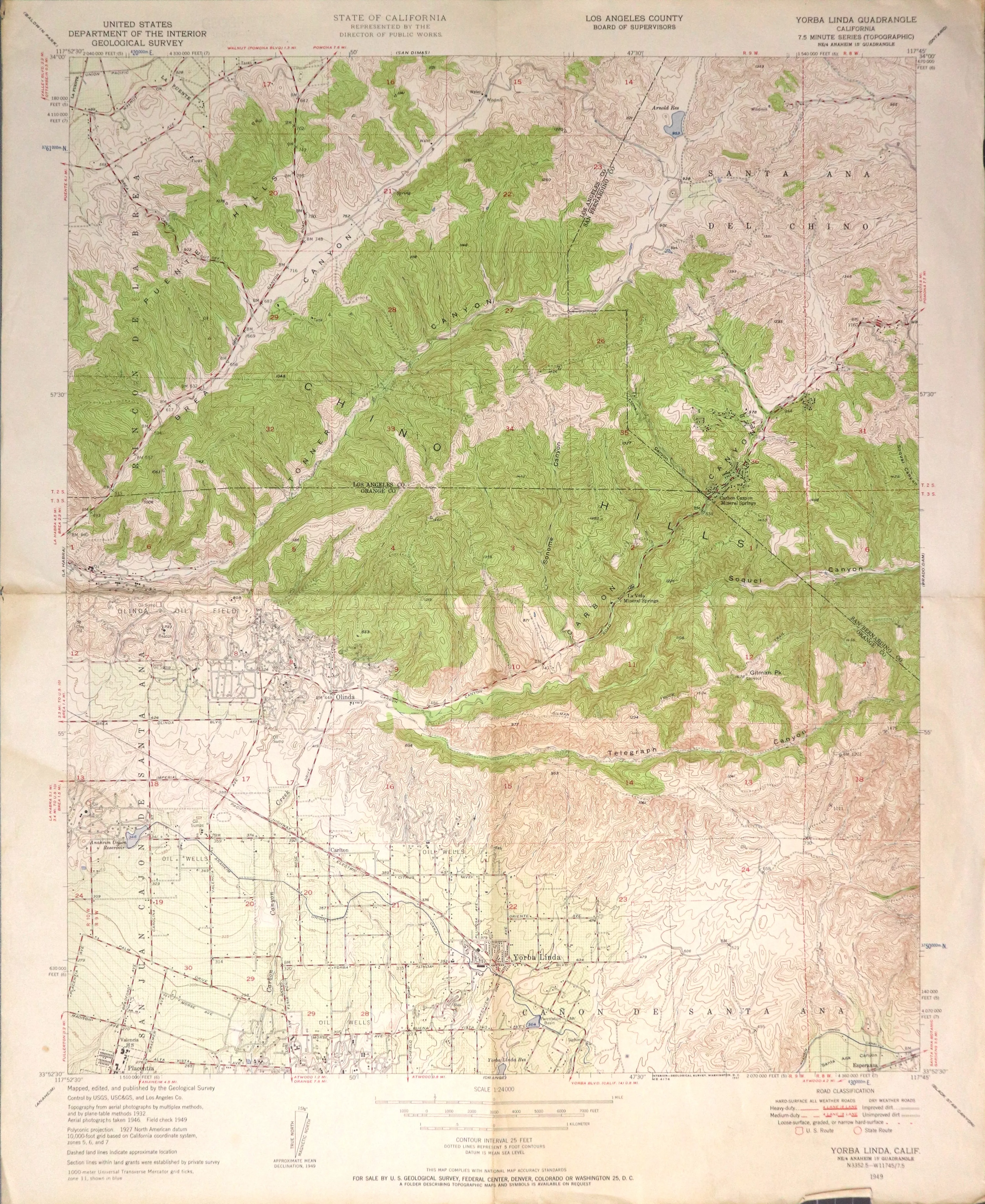 A digital scan of the Yorba Linda Topographic Map from 1949.
