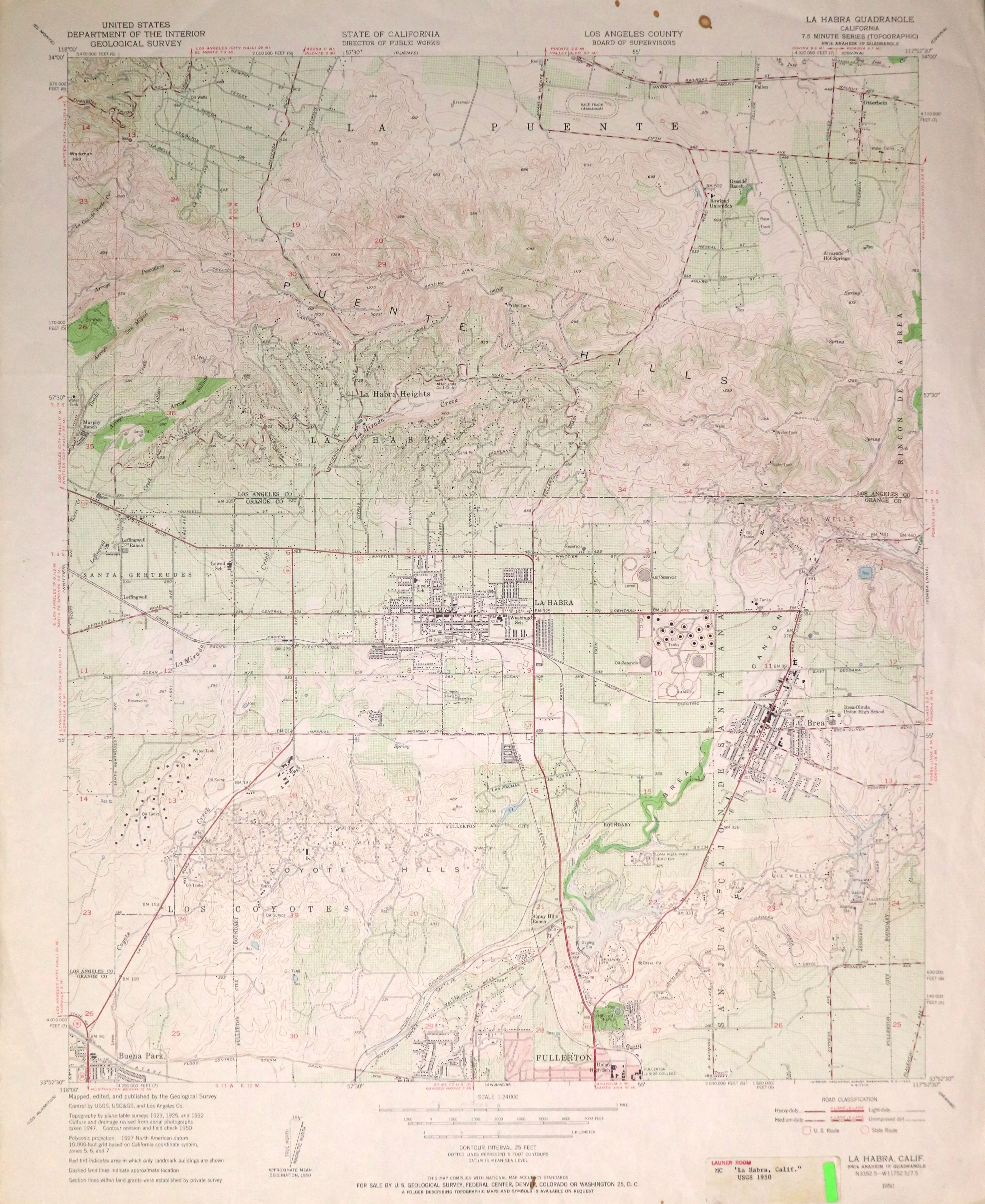 A digital scan of the La Habra Topographic Map from 1950.