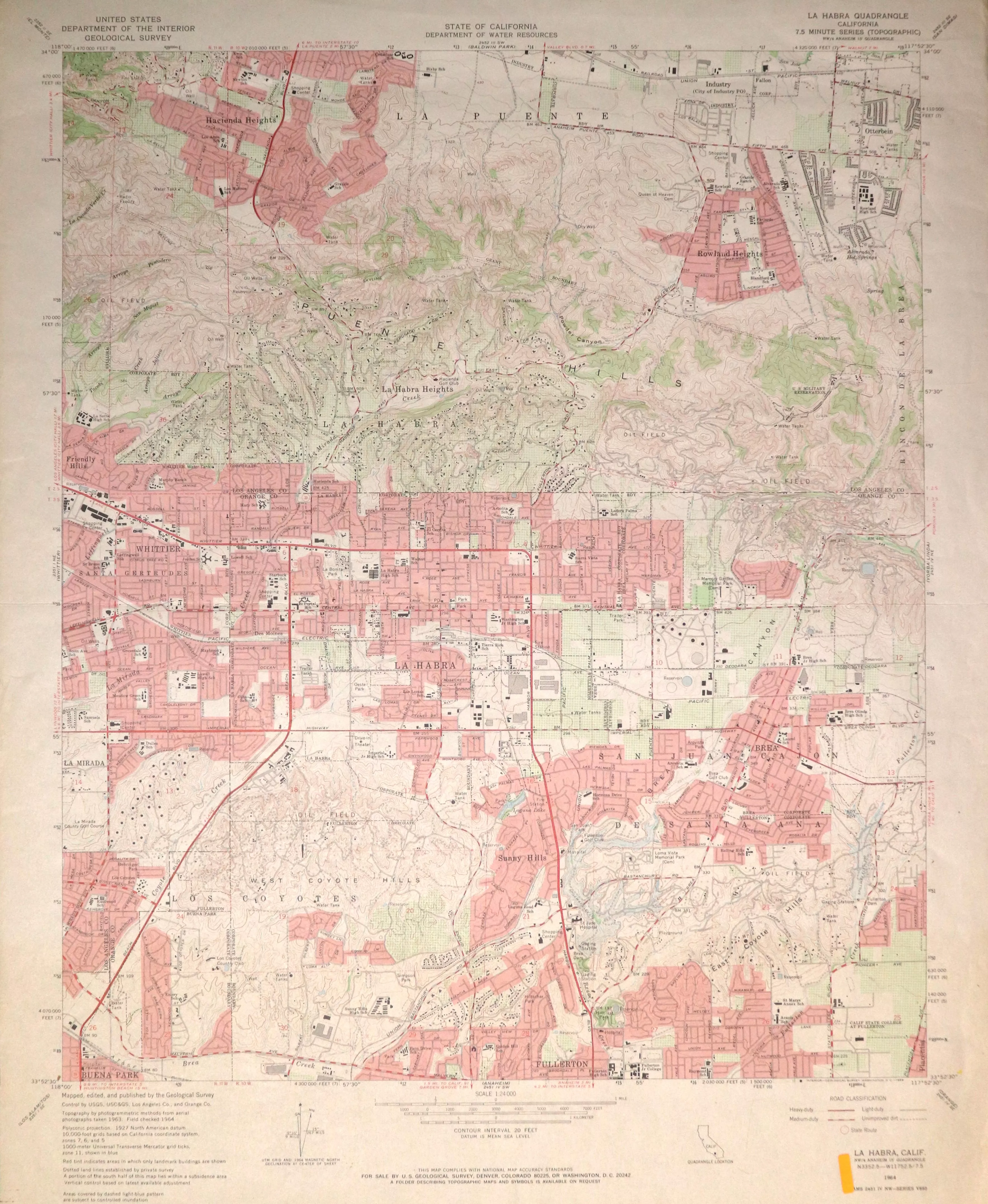 A digital scan of the La Habra Topographic Map from 1962.