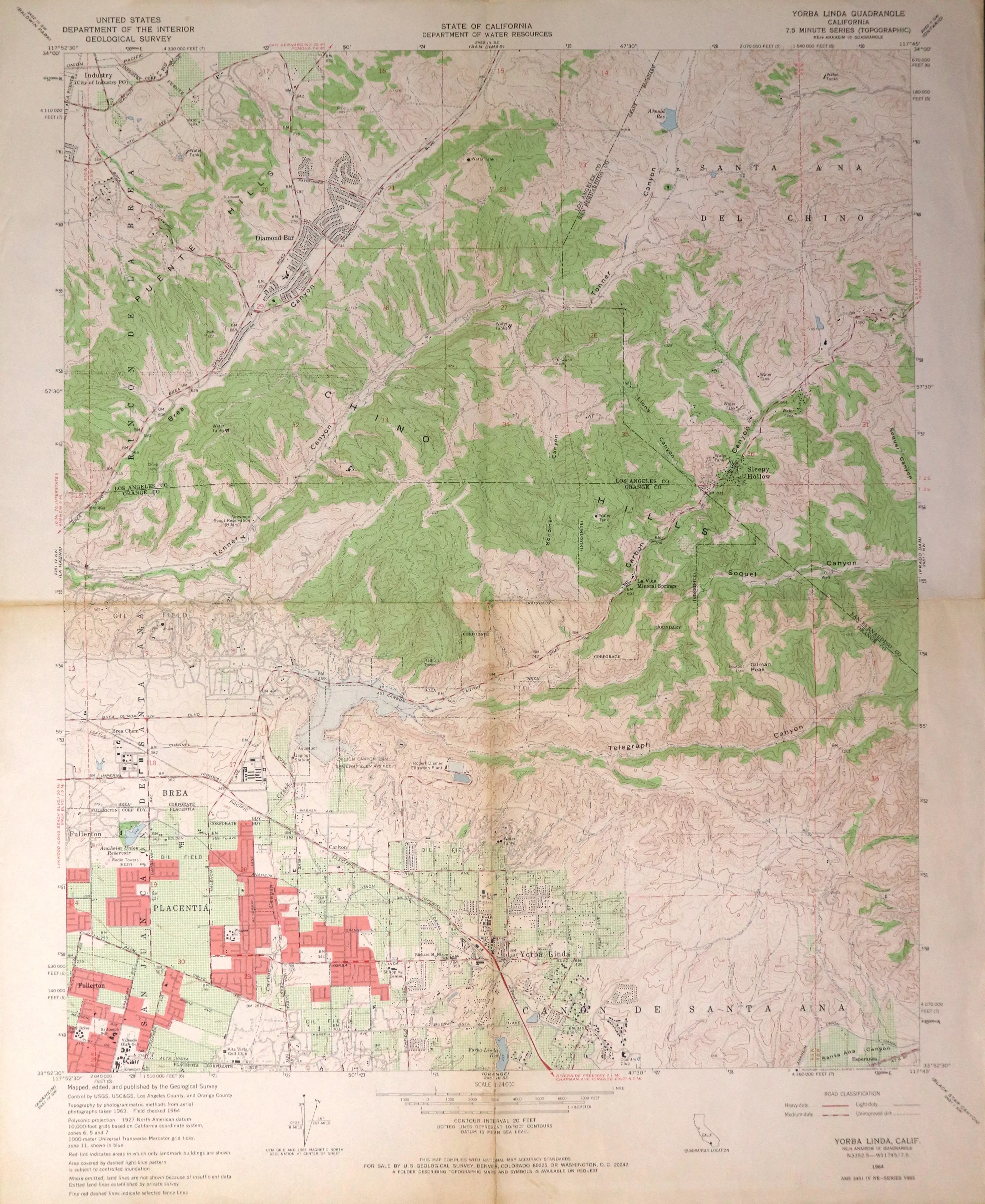 A digital scan of the Yorba Linda Topographic Map from 1964.
