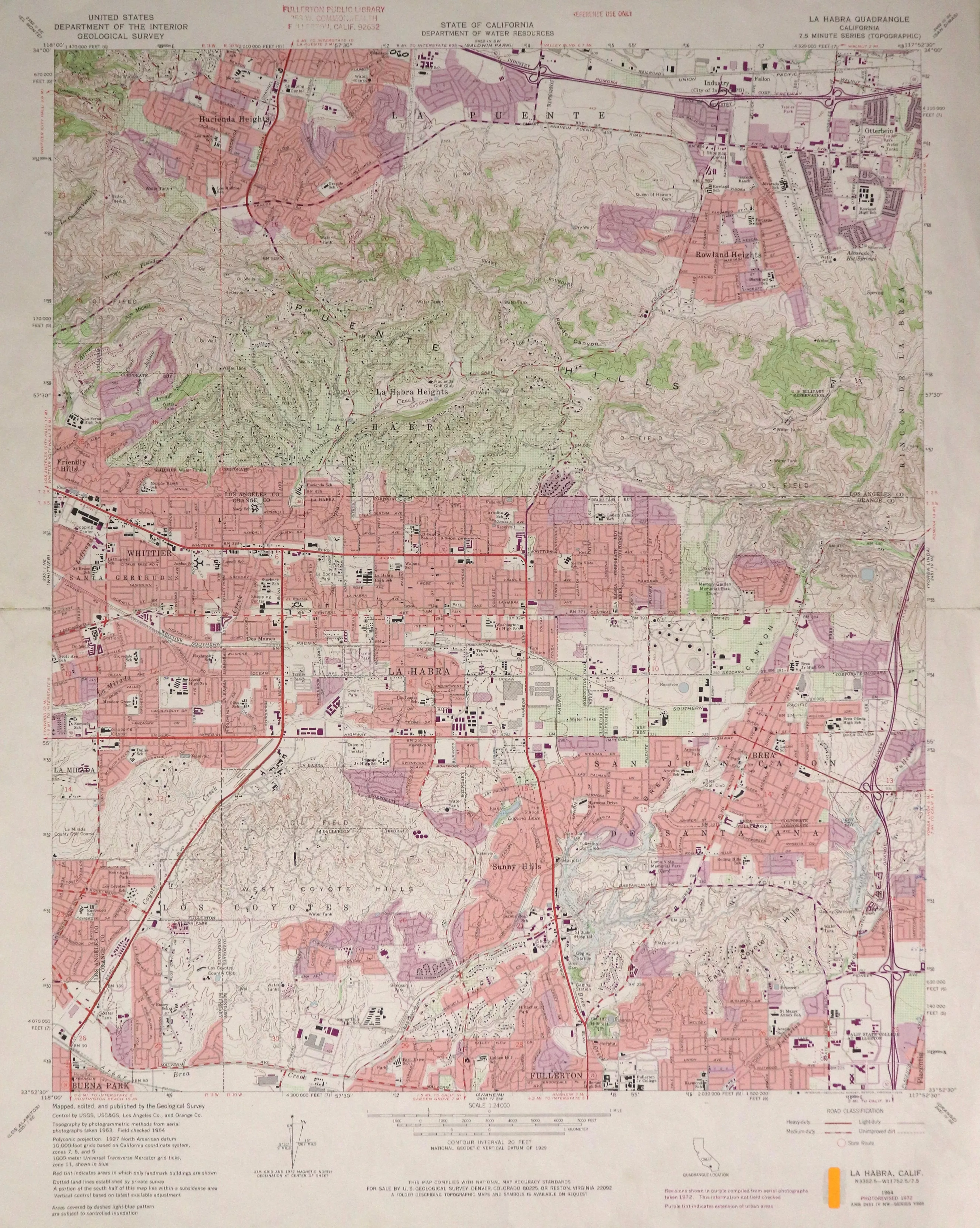 A digital scan of the La Habra Topographic Map from 1972.