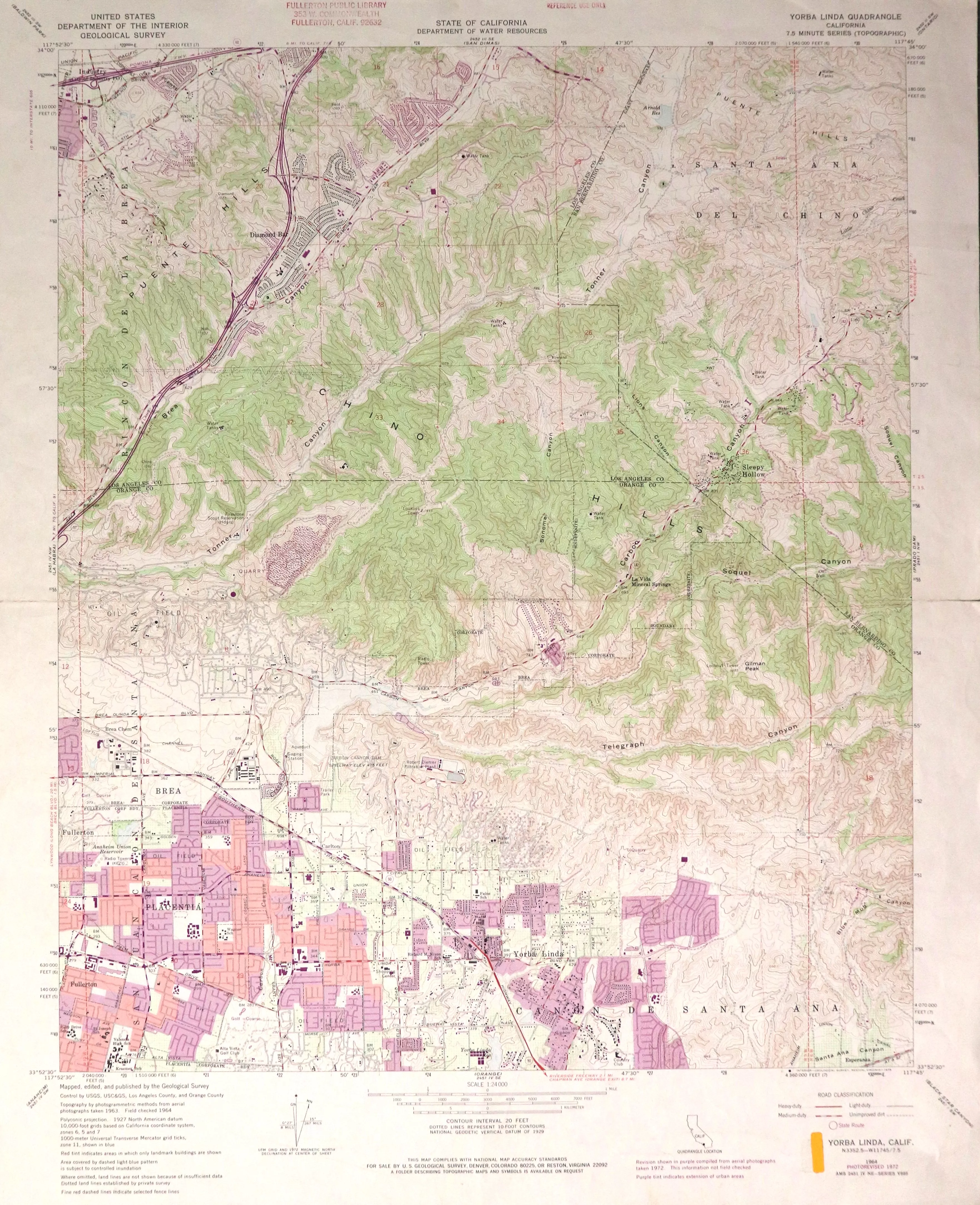 A digital scan of the Yorba Linda Topographic Map from 1972.