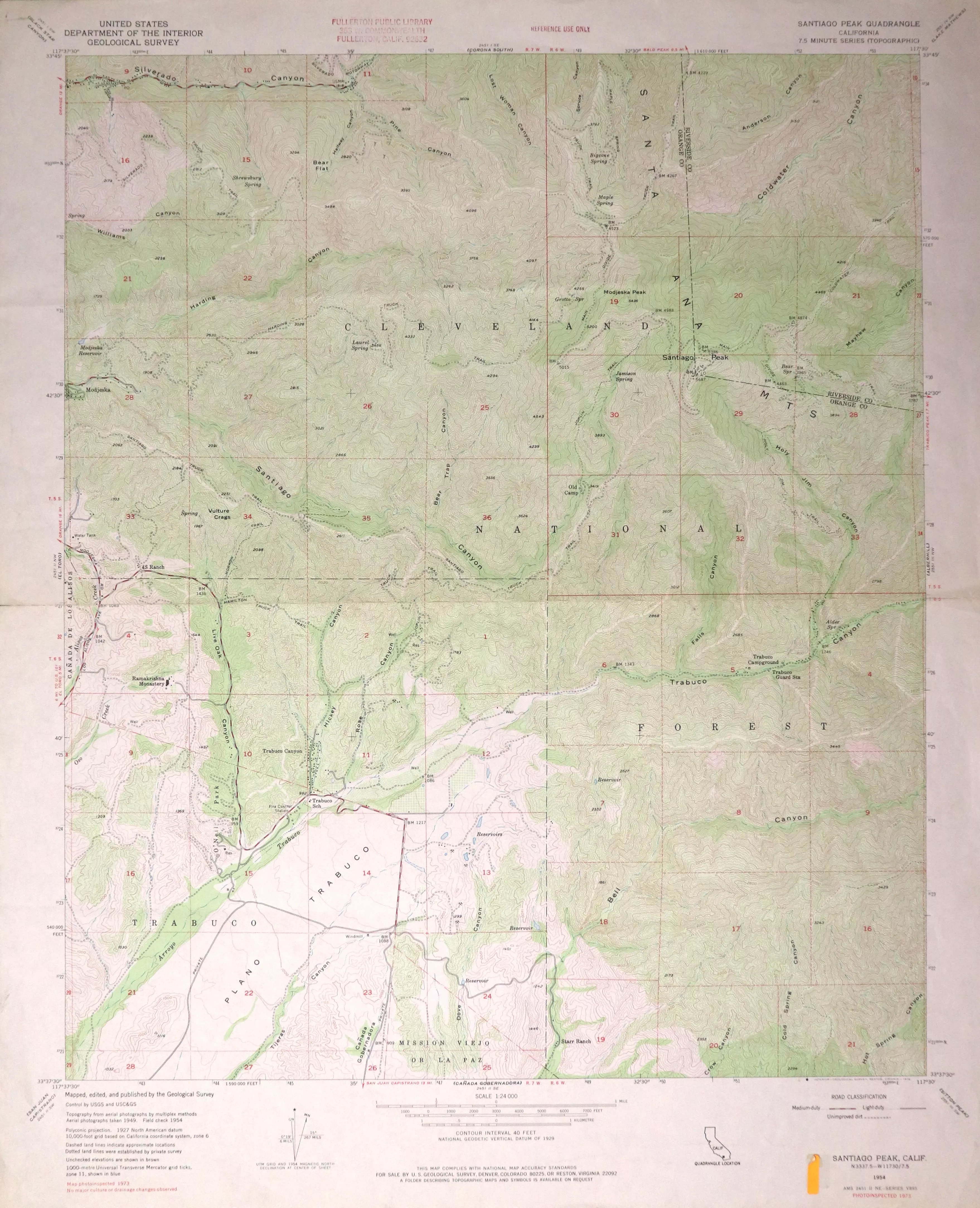 A digital scan of the Santiago Peak Topographic Map from 1973.