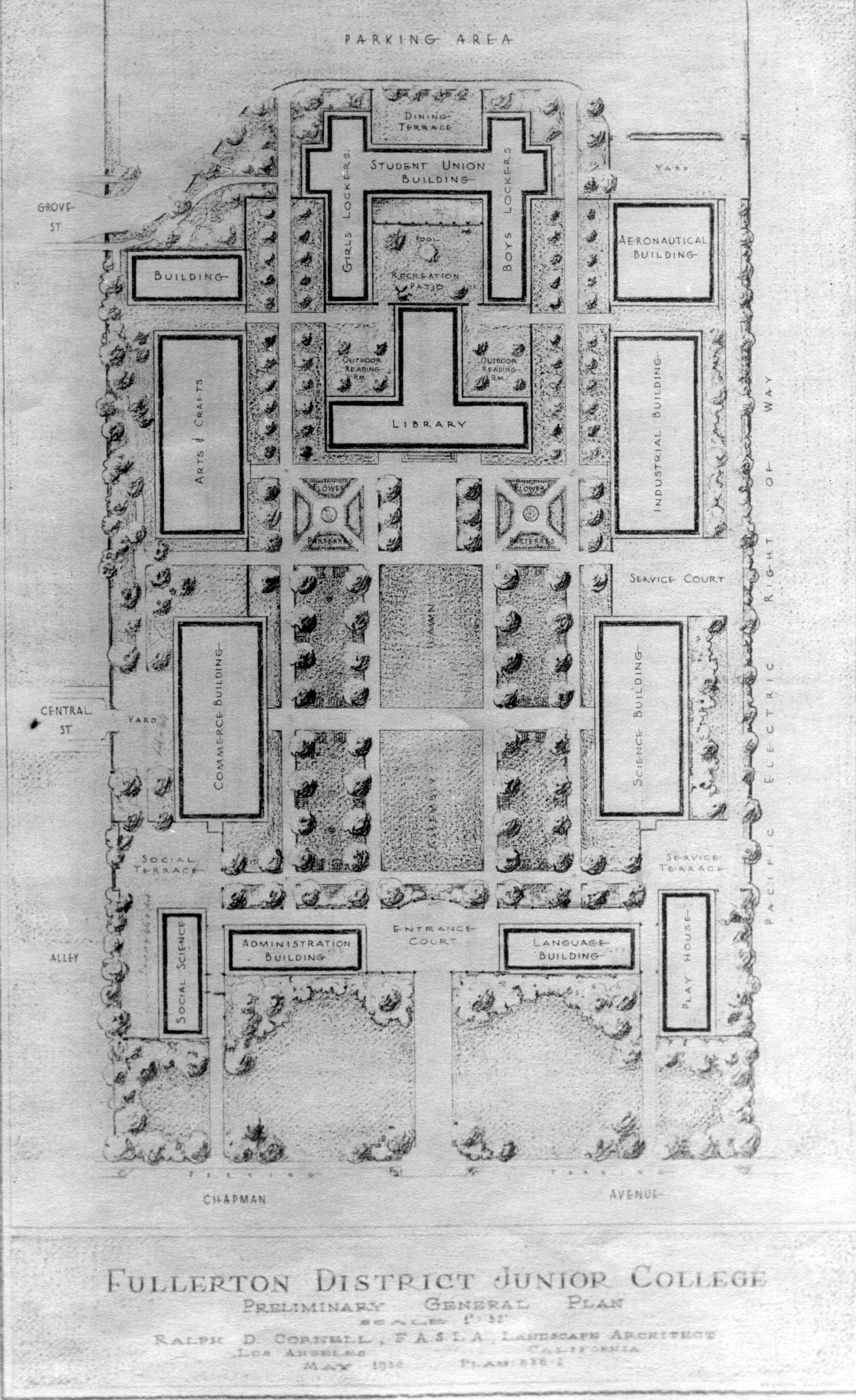 A digital scan of the rendering of Fullerton College in 1936.
