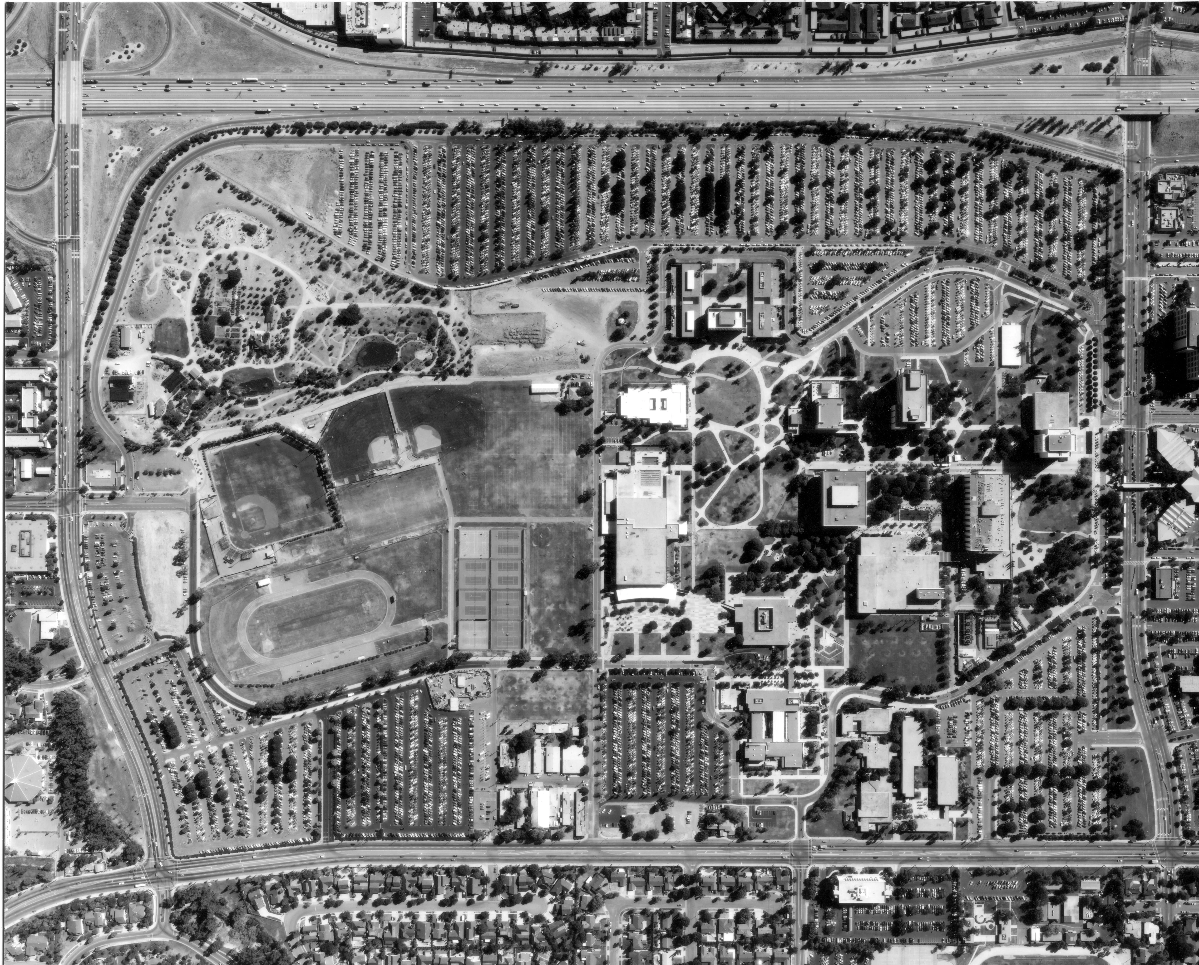 A digital scan of an aerial view of the CSUF campus in 1985.