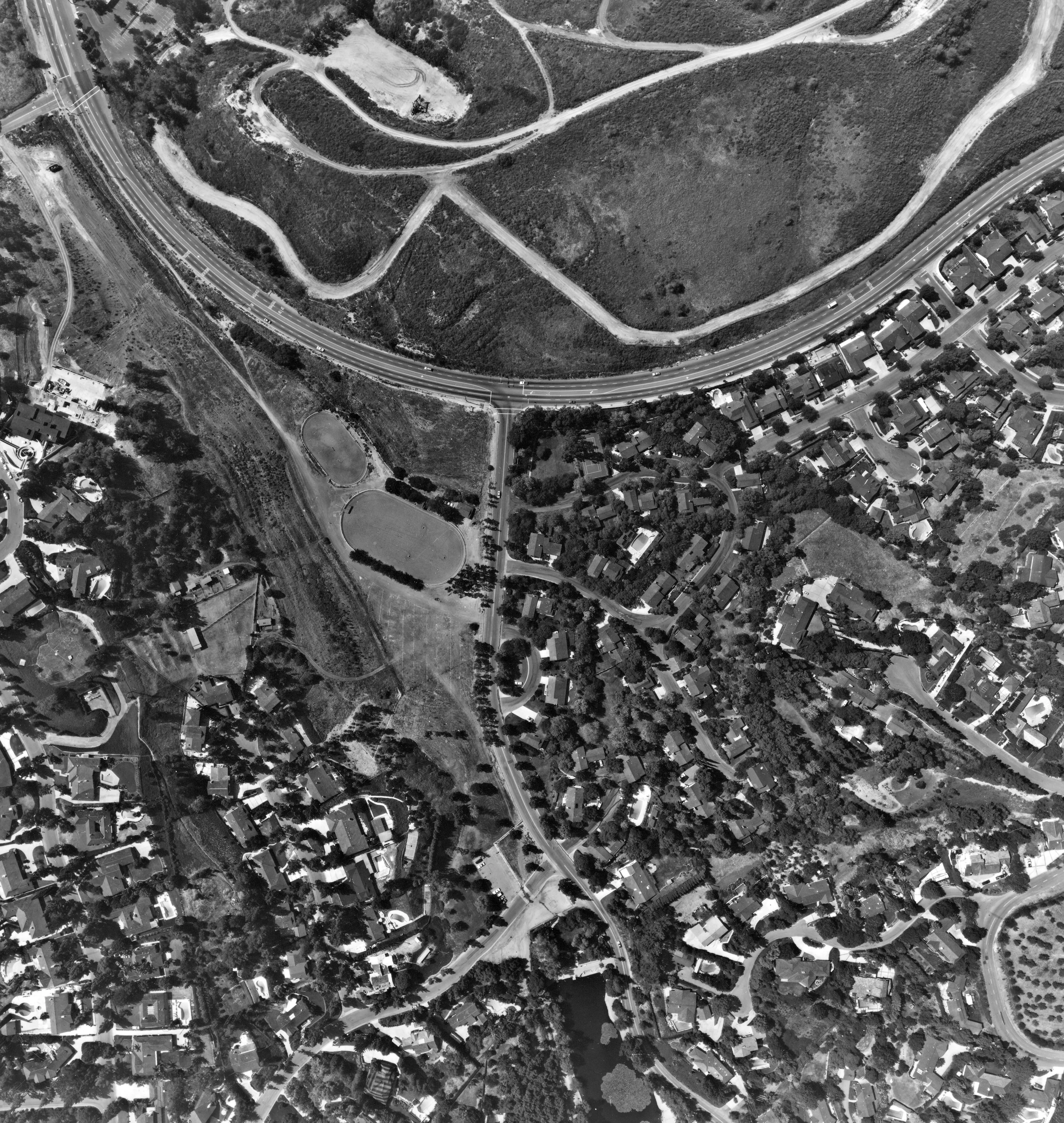A digital scan of an aerial view of Euclid &amp; Laguna Road in 1986.
