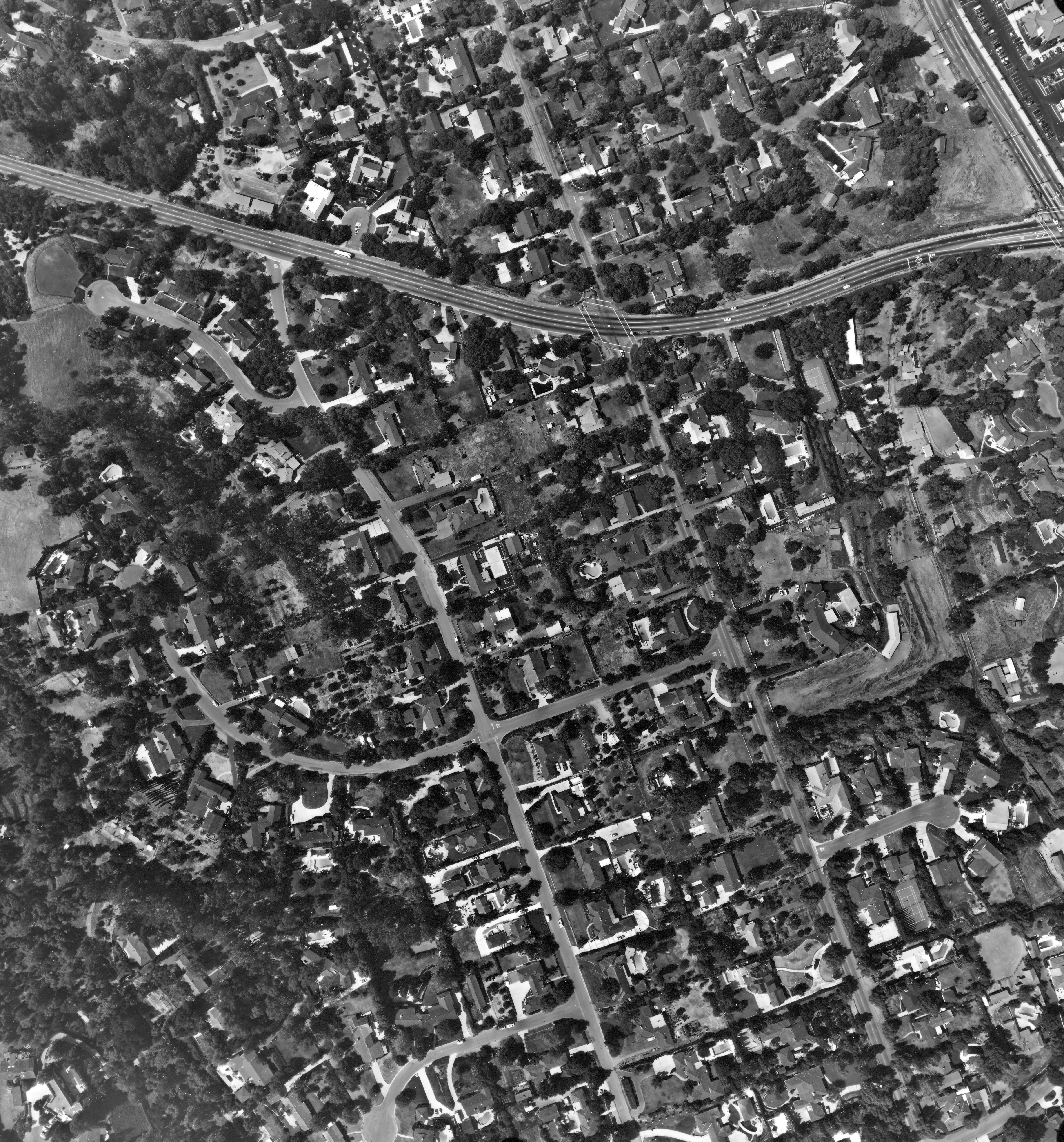 A digital scan of an aerial view of Euclid and Valencia Mesa in 1986.