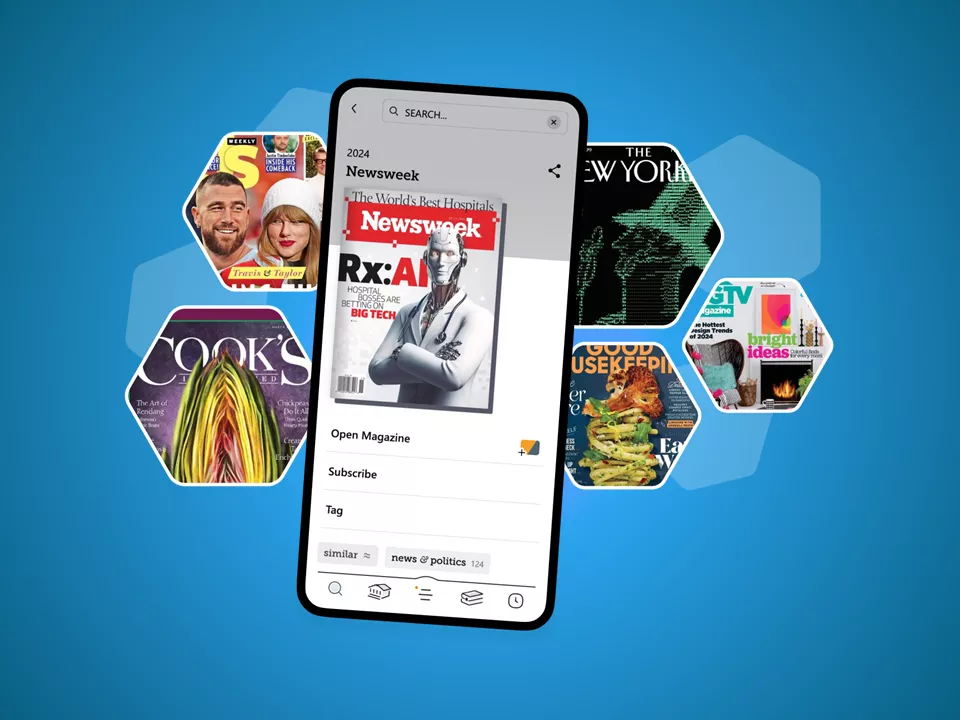 Libby Magazines. A phone screen shows the Newsweek 2024 magazine on the Libby app. Other popular magazine covers are shown in hexagon frames surrounding the phone screen.