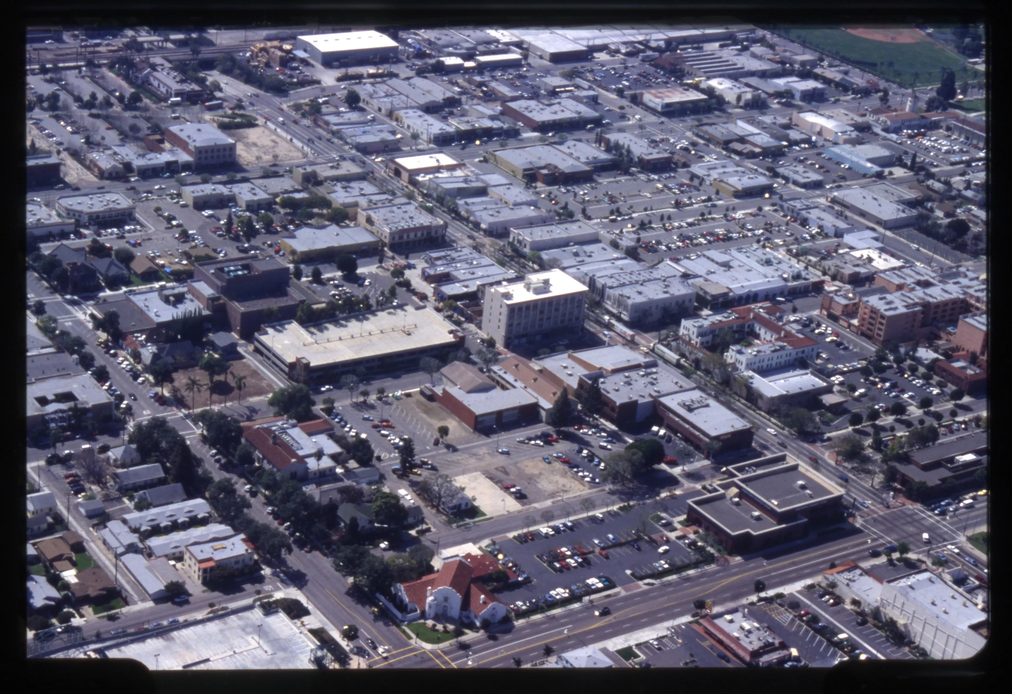 A digital scan of an aerial view of Downtown Fullerton (version A) in 1993.