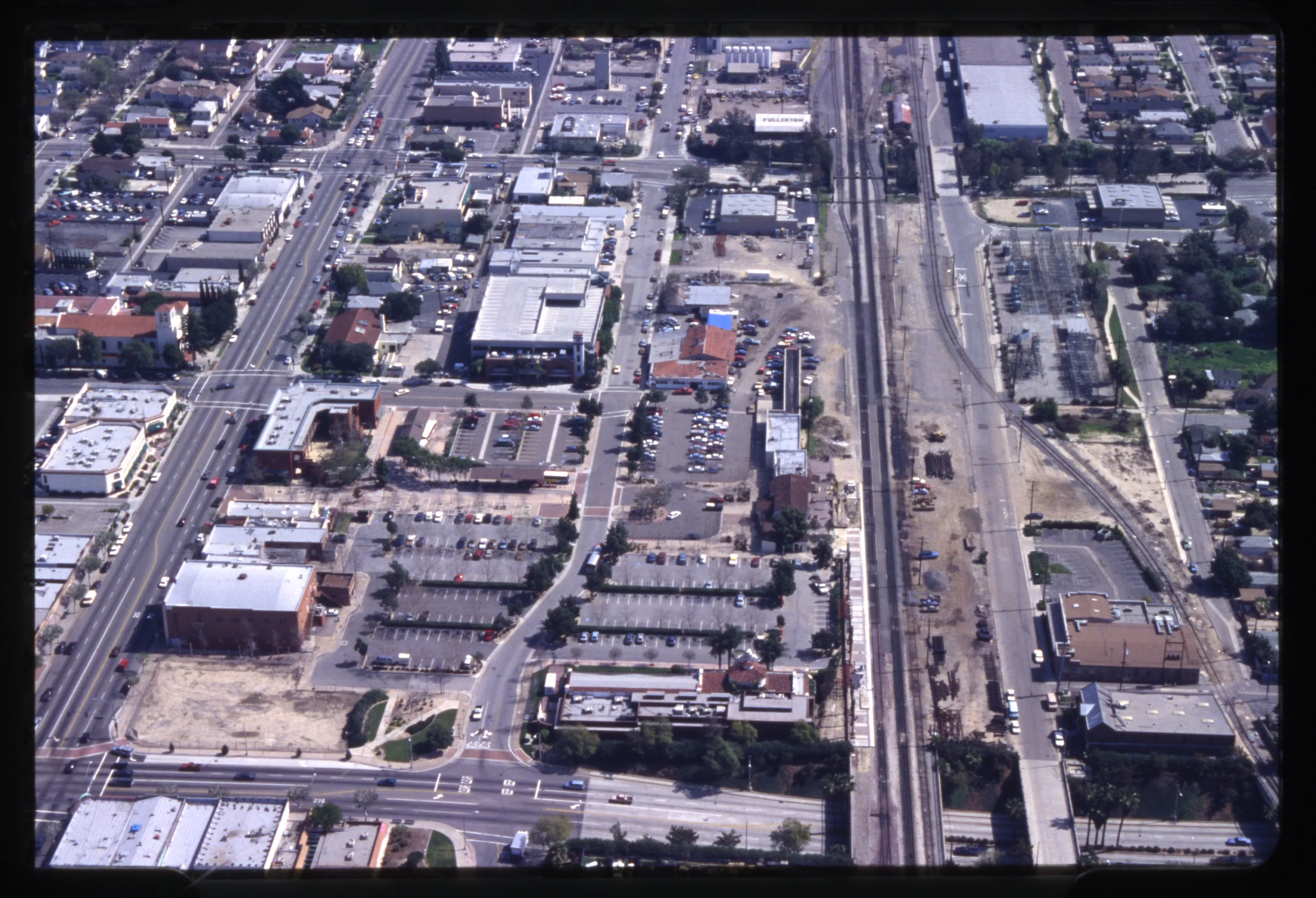 A digital scan of an aerial view of Downtown Fullerton (version B) in 1993.