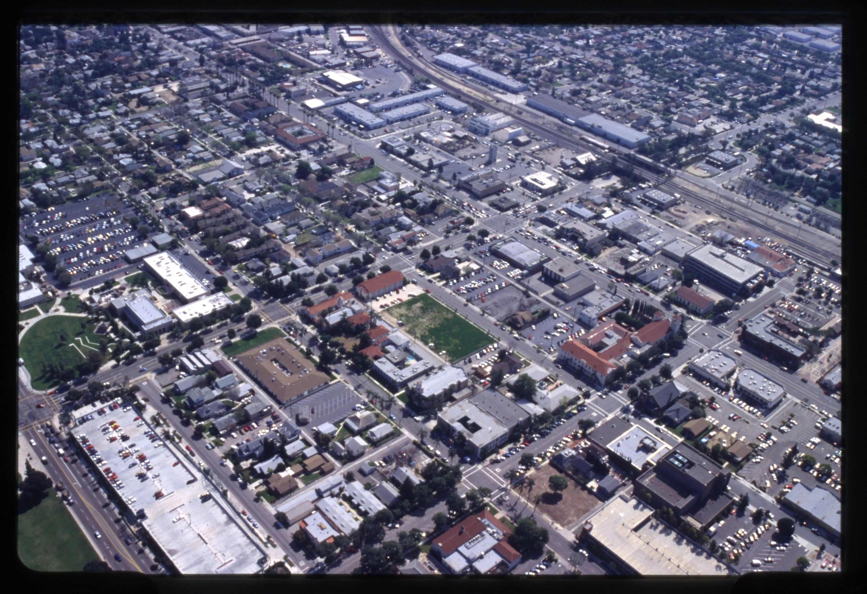 A digital scan of an aerial view of Downtown Fullerton (version C) in 1993.