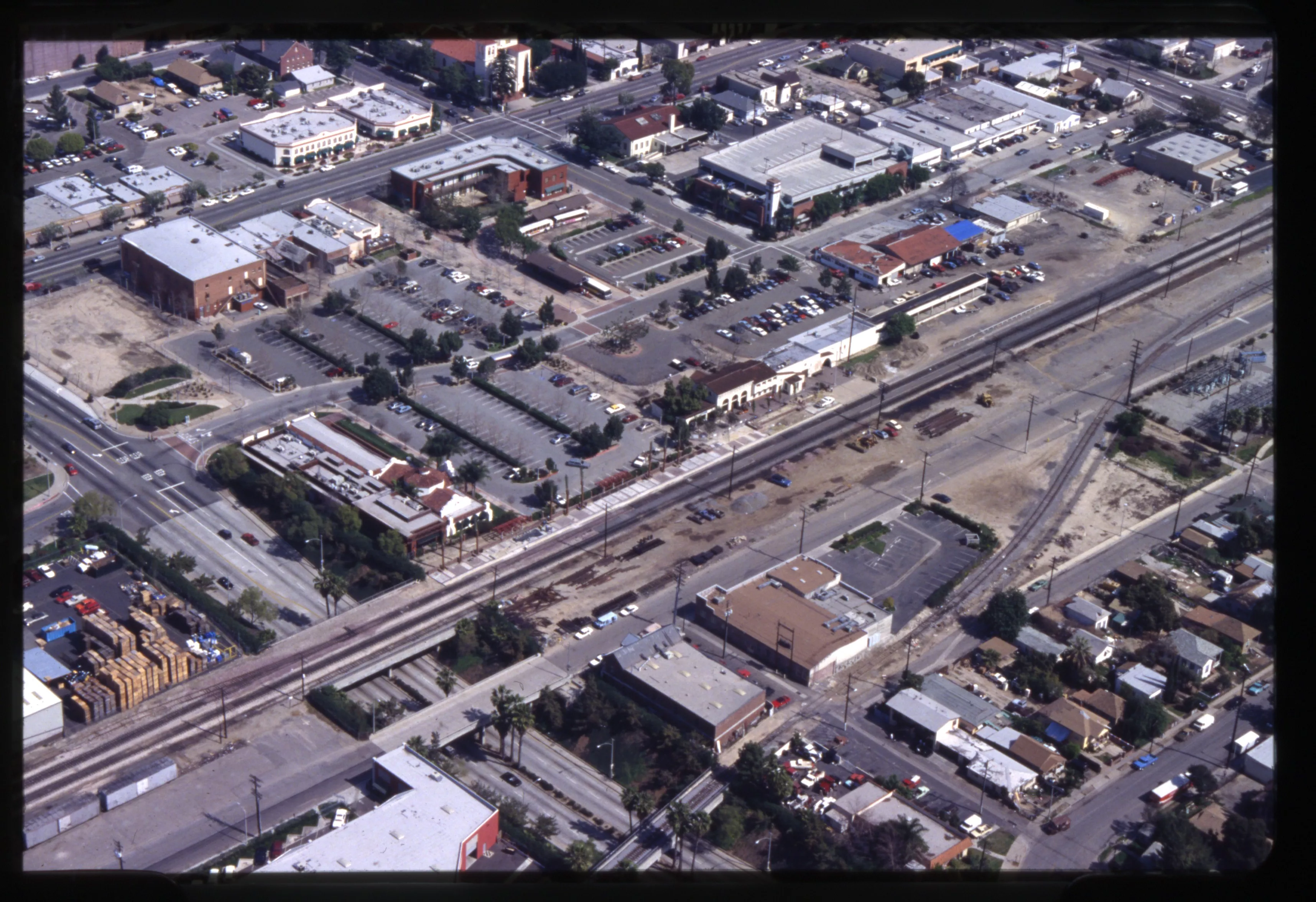 A digital scan of an aerial view of Downtown Fullerton (version D) in 1993.