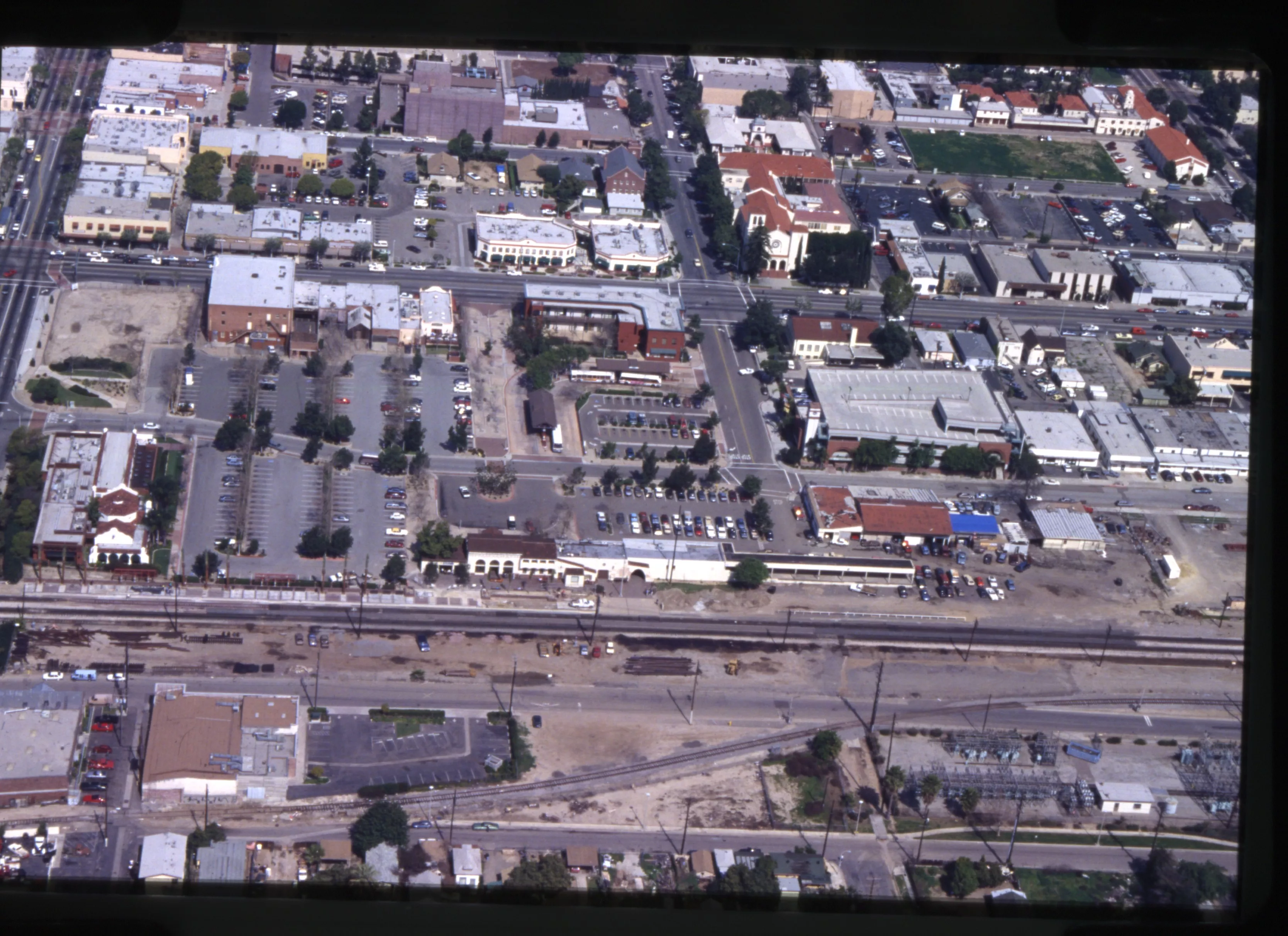 A digital scan of an aerial view of Downtown Fullerton (version E) in 1993.