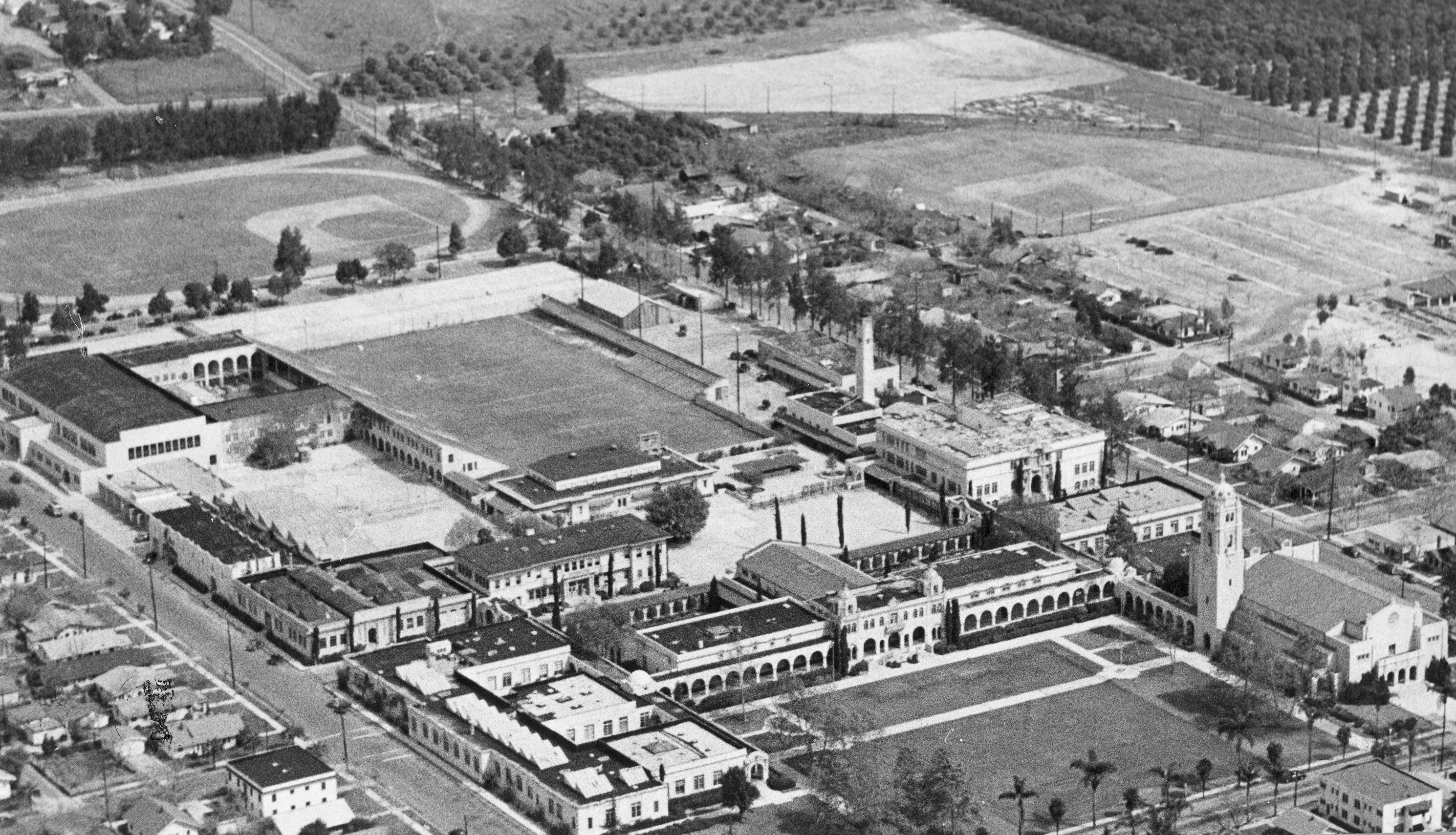 A digital scan of an aerial view of the Fullerton Union High School (FUHS) campus in 1940.