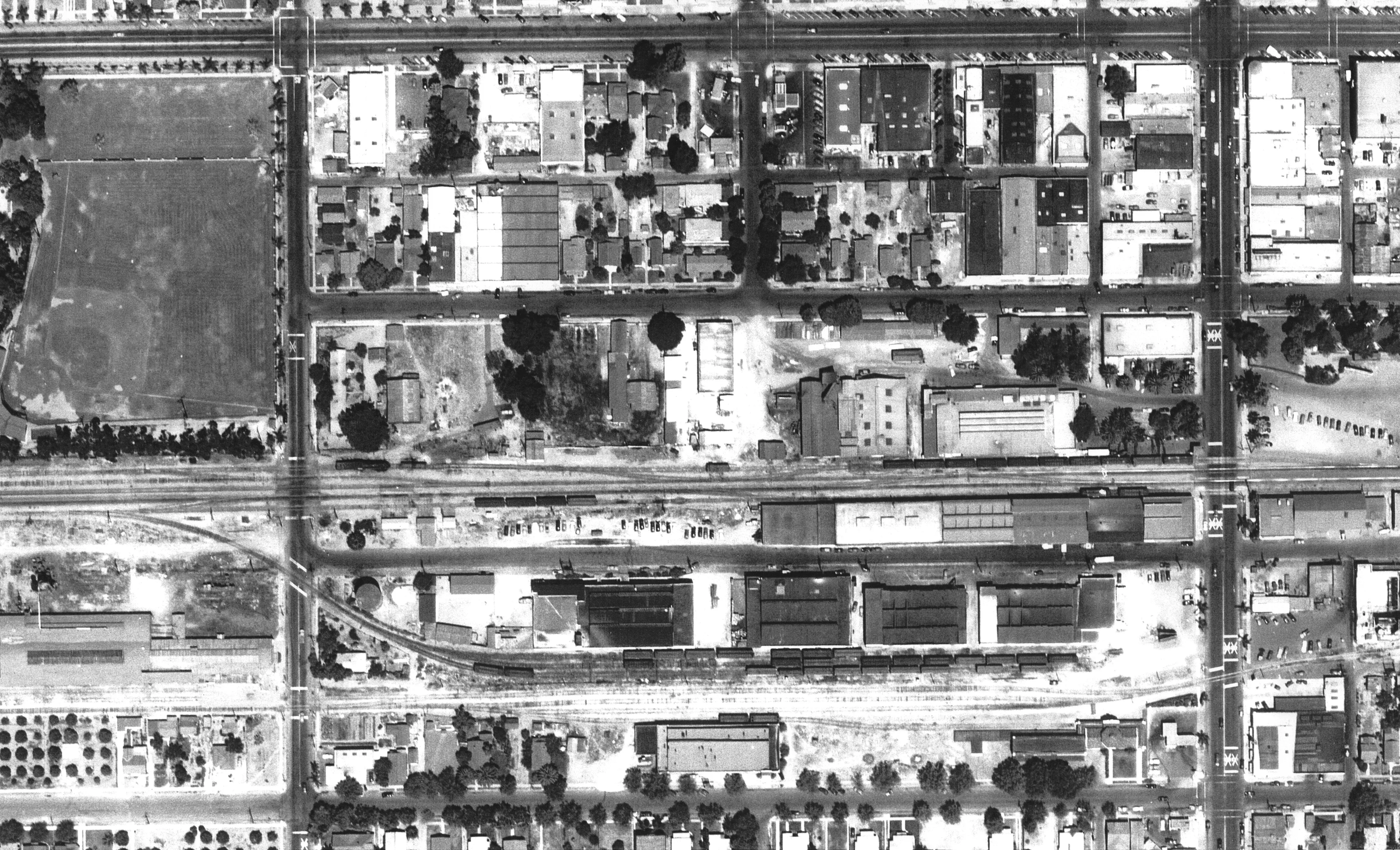 A digital scan of an aerial view of the Union Pacific Depot Area in 1947.