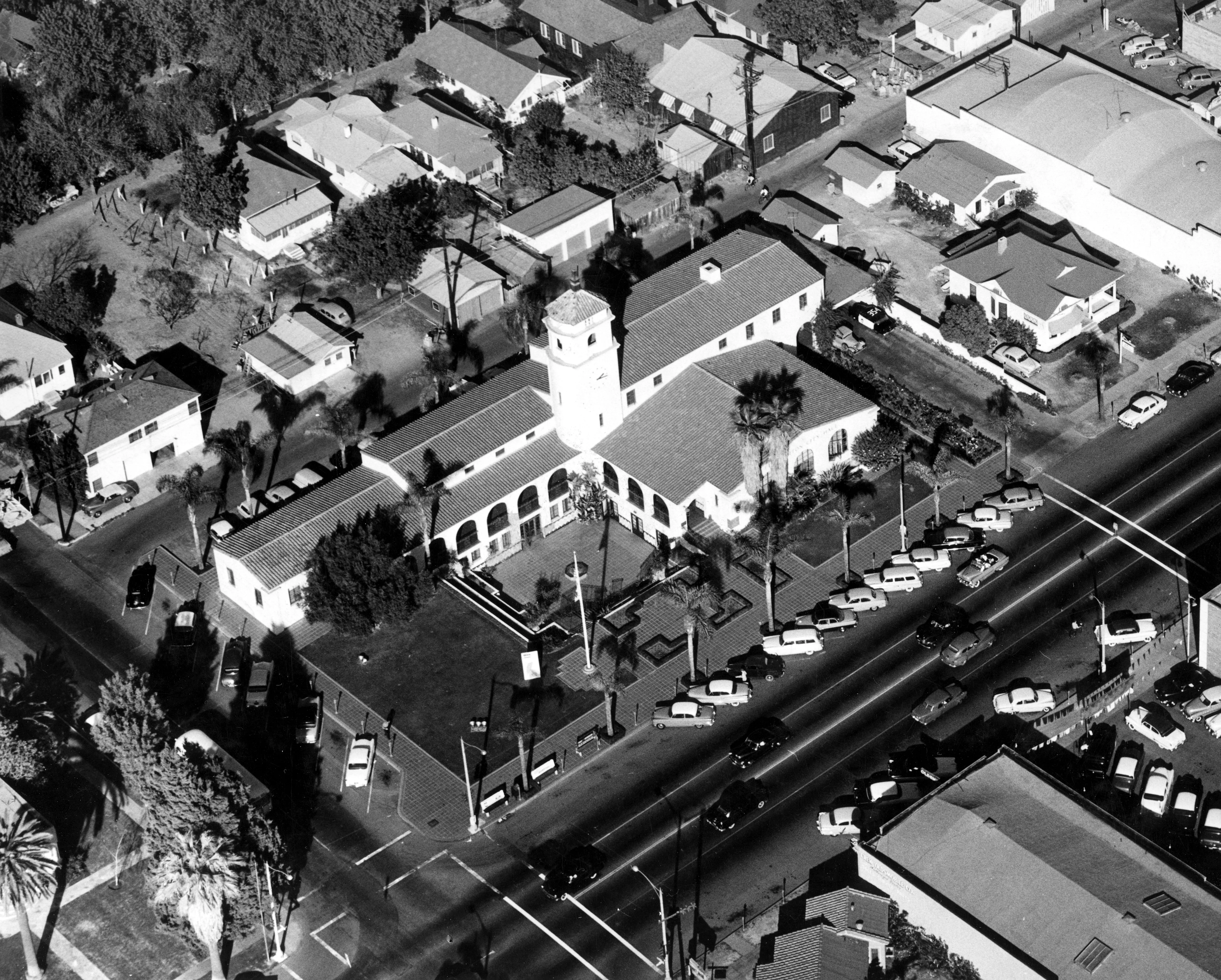 A digital scan of an aerial view of Fullerton City Hall in 1953.