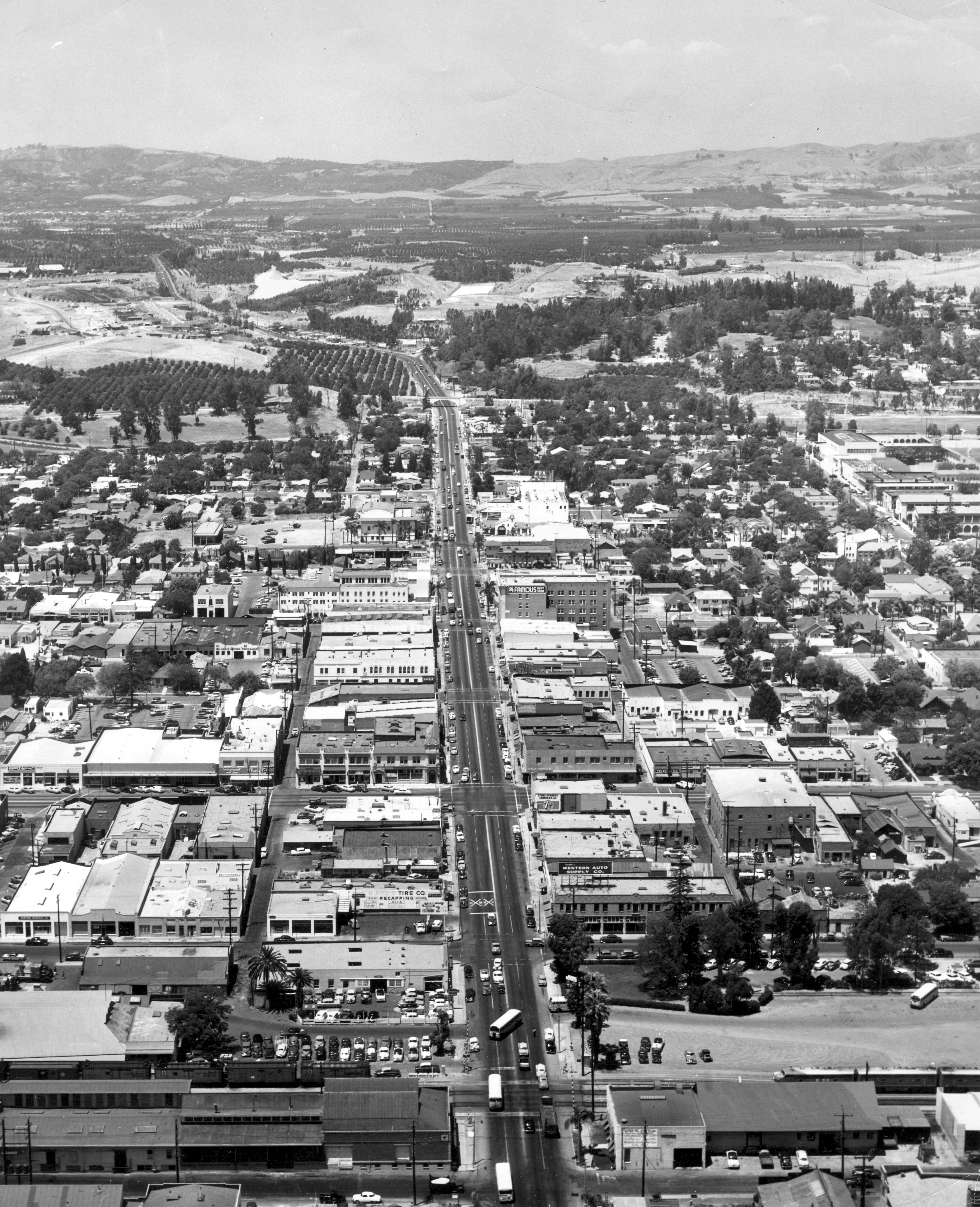 A digital scan of an aerial view of Downtown Fullerton (looking north) in 1953.