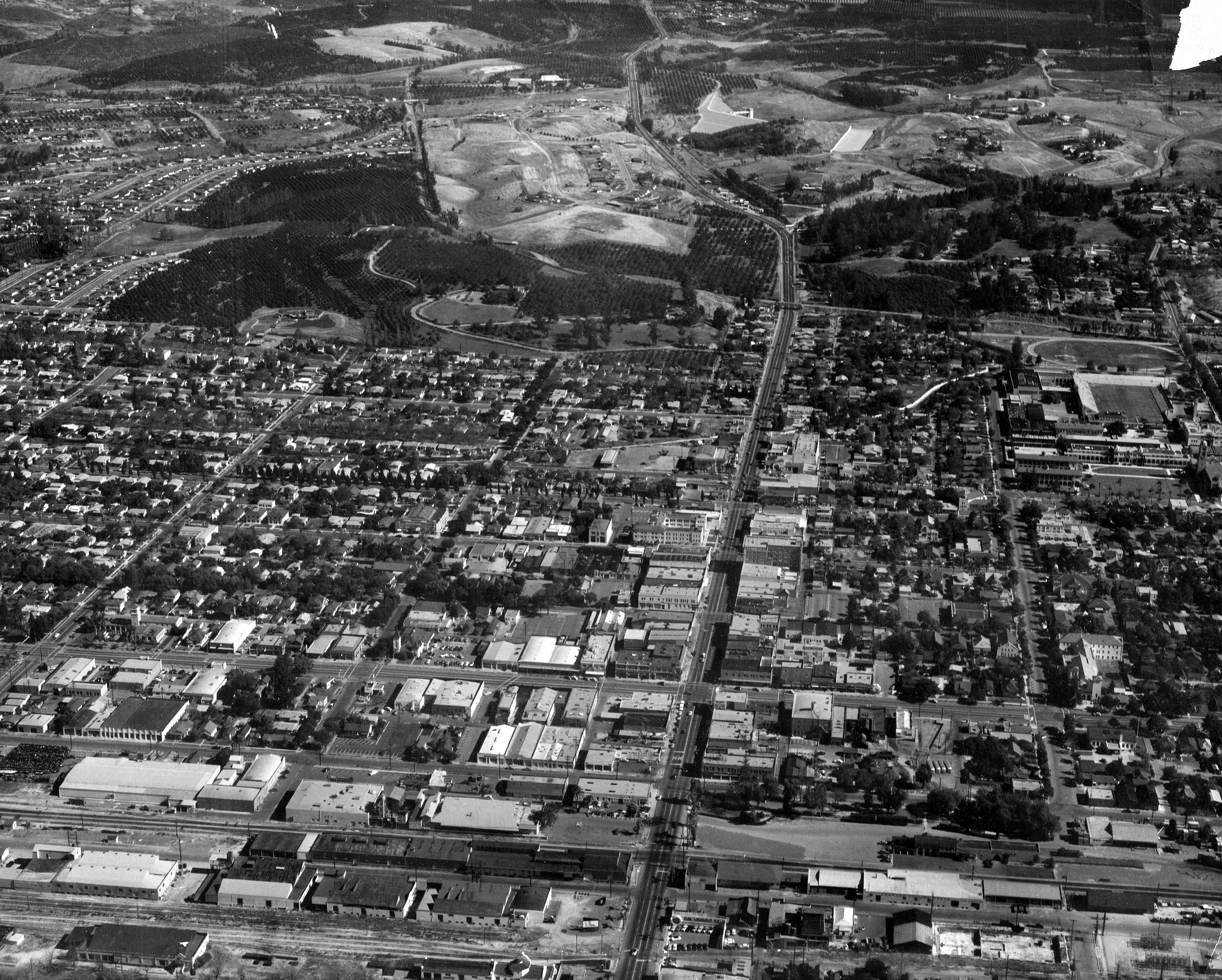 A digital scan of an aerial view of Fullerton (looking north) in 1953.