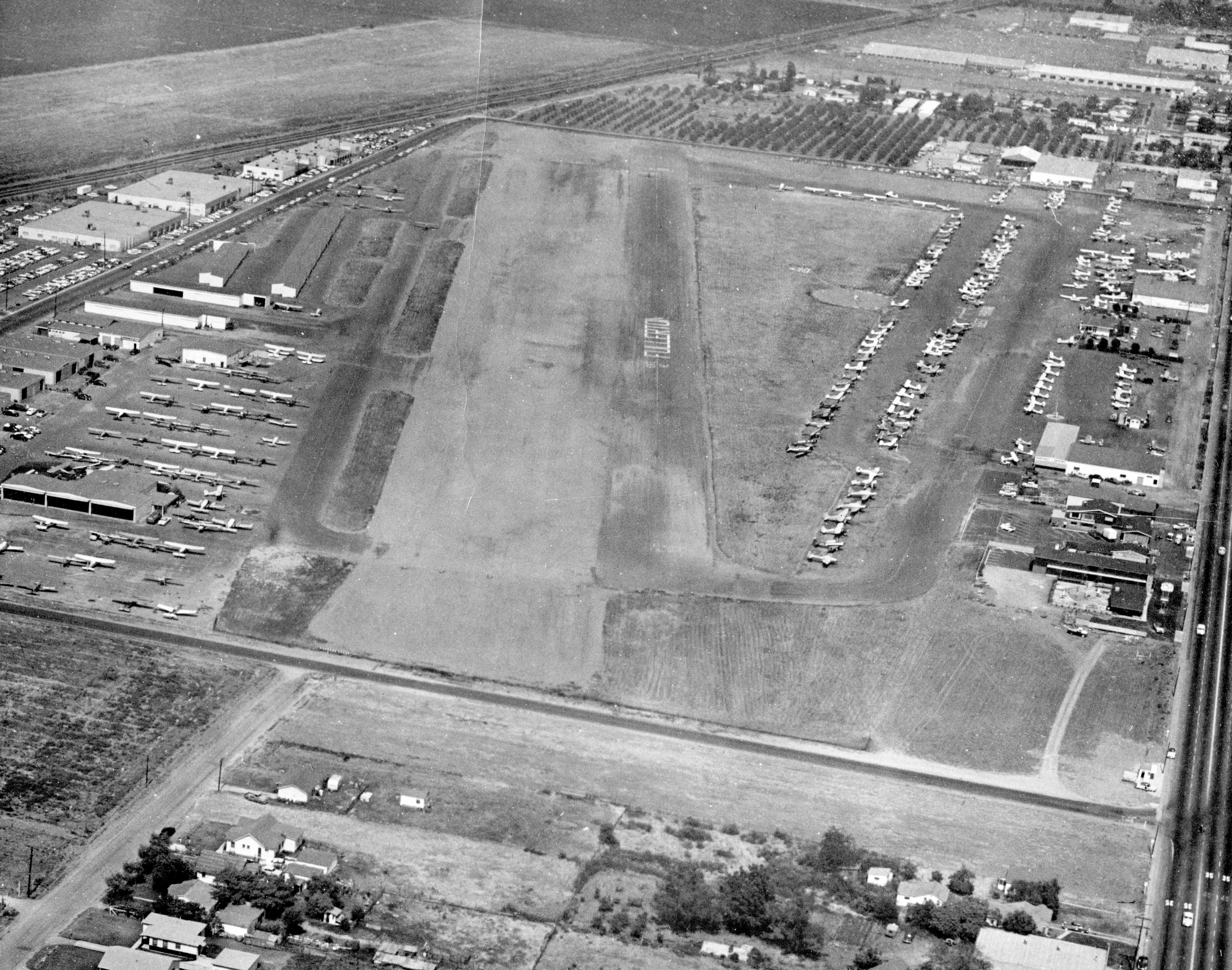 A digital scan of an aerial view of Fullerton Airport in 1955.