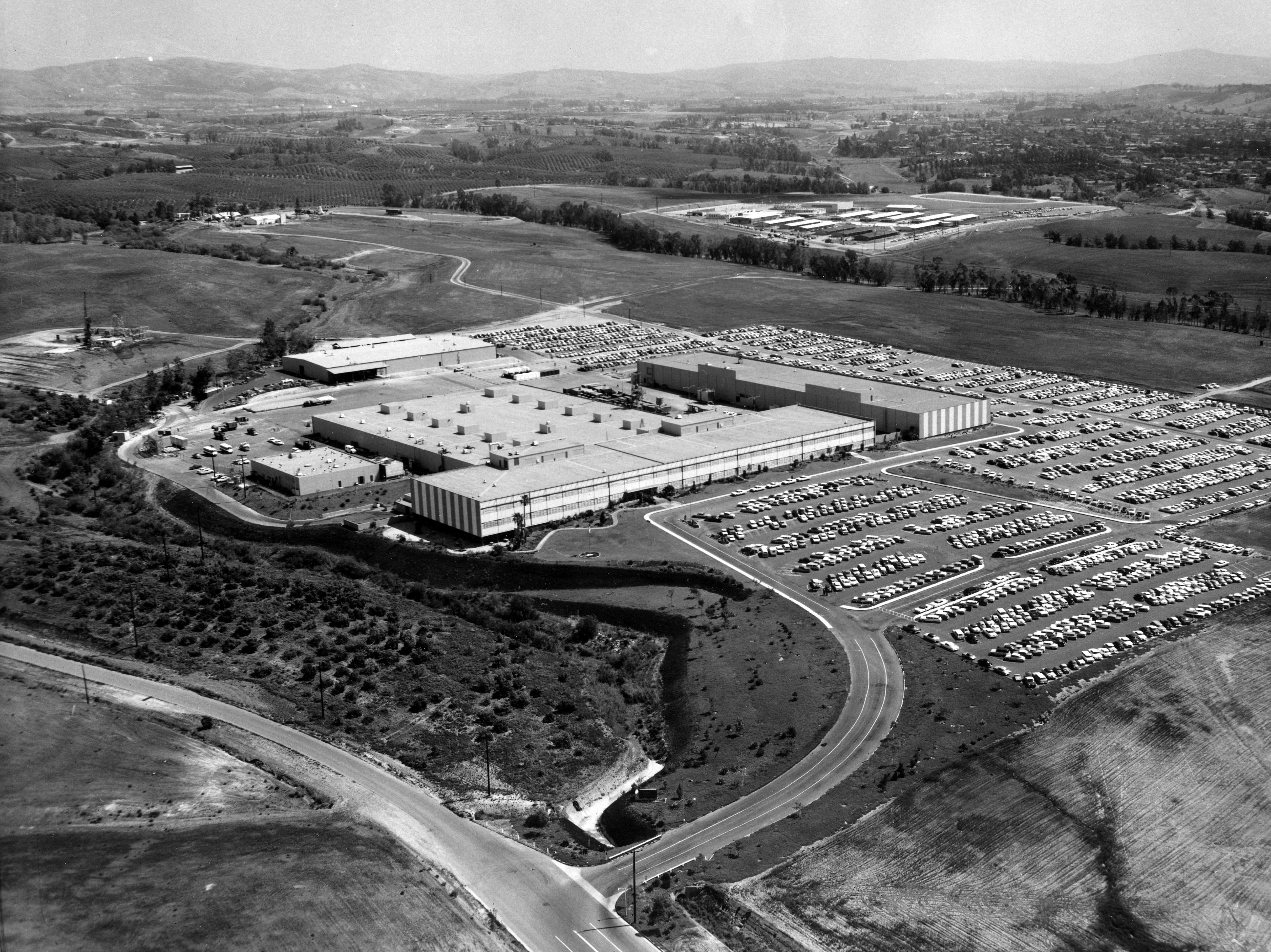 A digital scan of an aerial view of Hughes Aircraft facility in 1964.