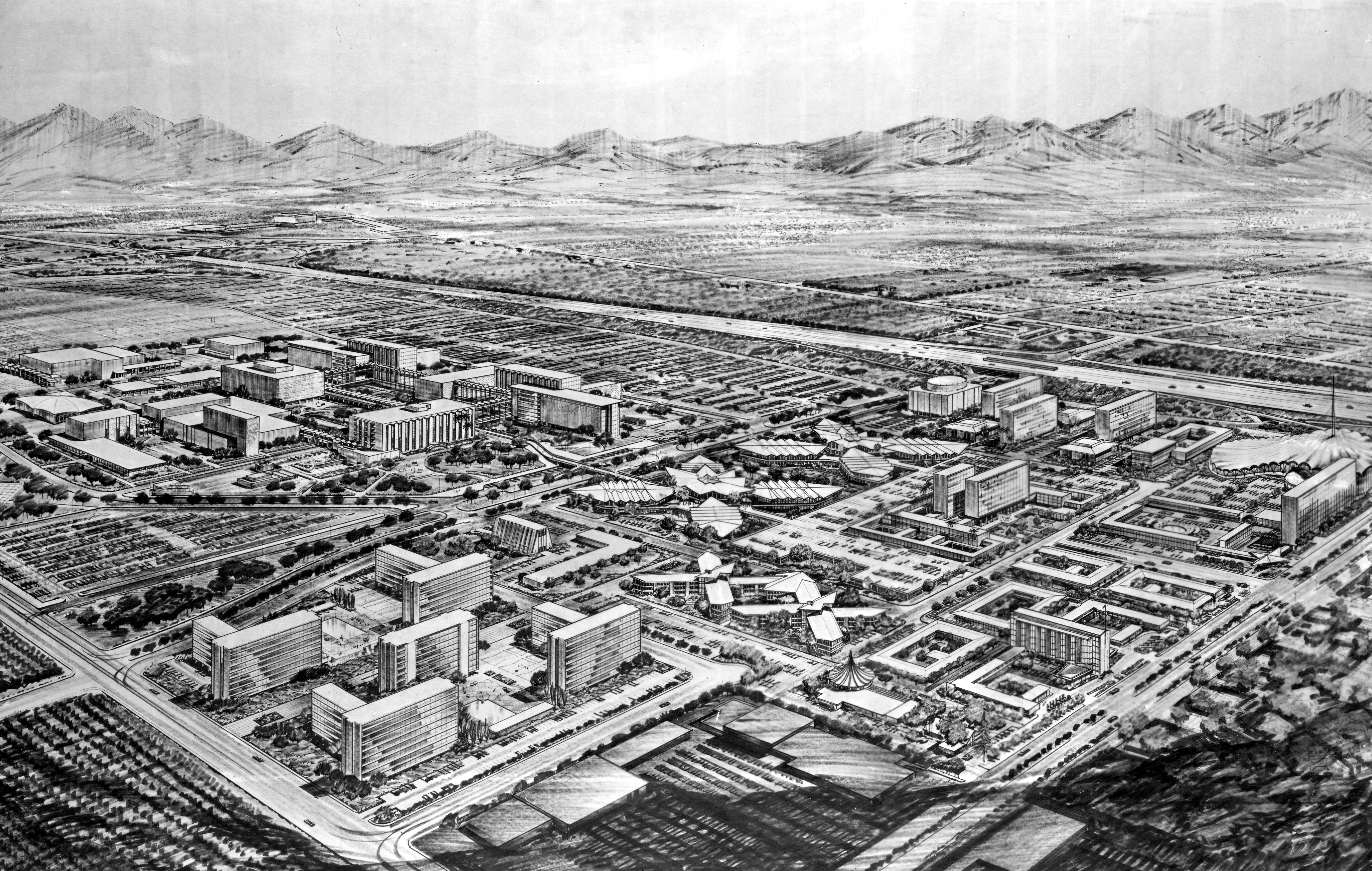 A digital scan of an aerial view rendering of California State University, Fullerton (CSUF) and College Park in 1966.