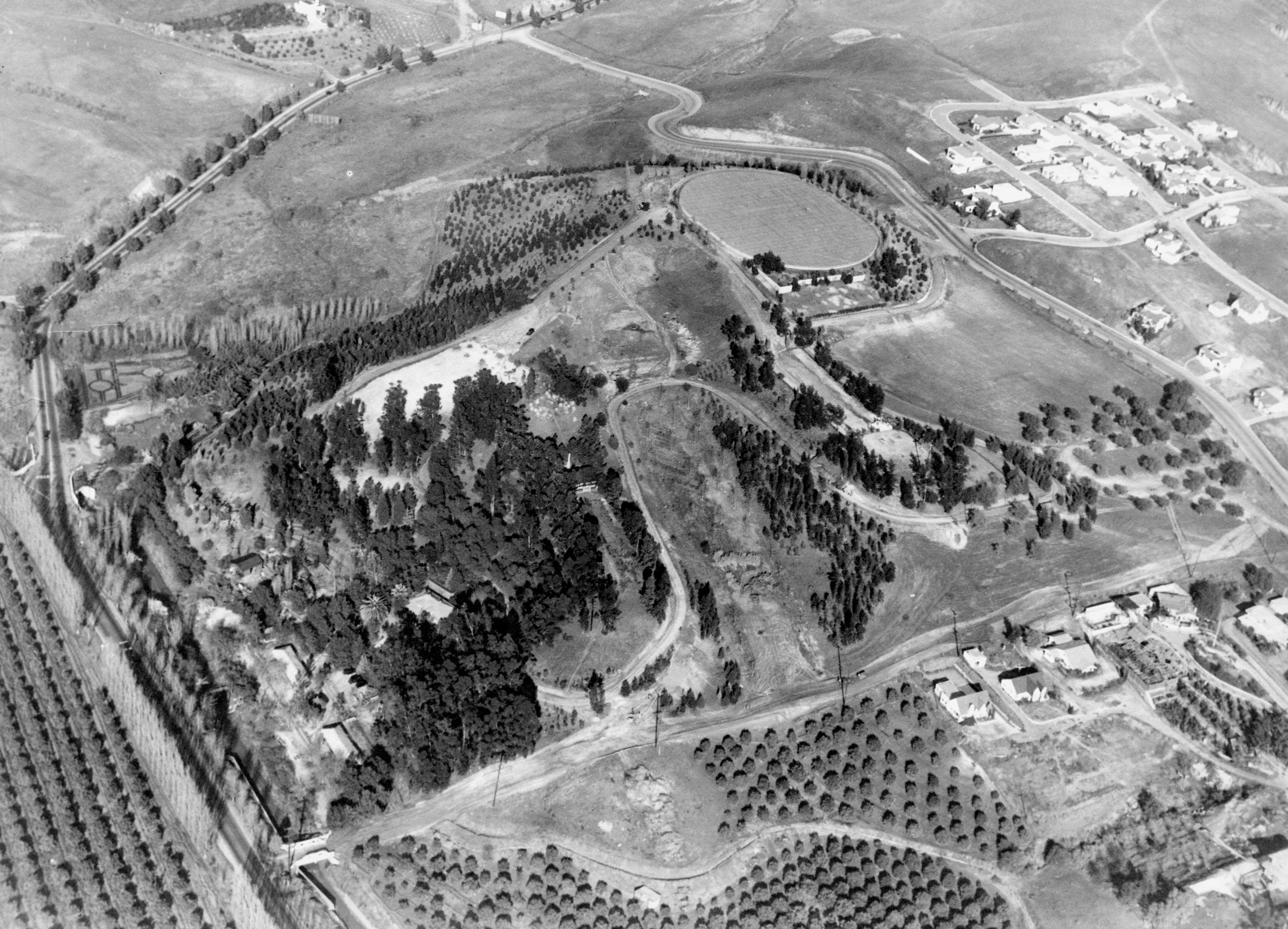 A black and white photograph with an aerial view of the Hillcrest Park area.