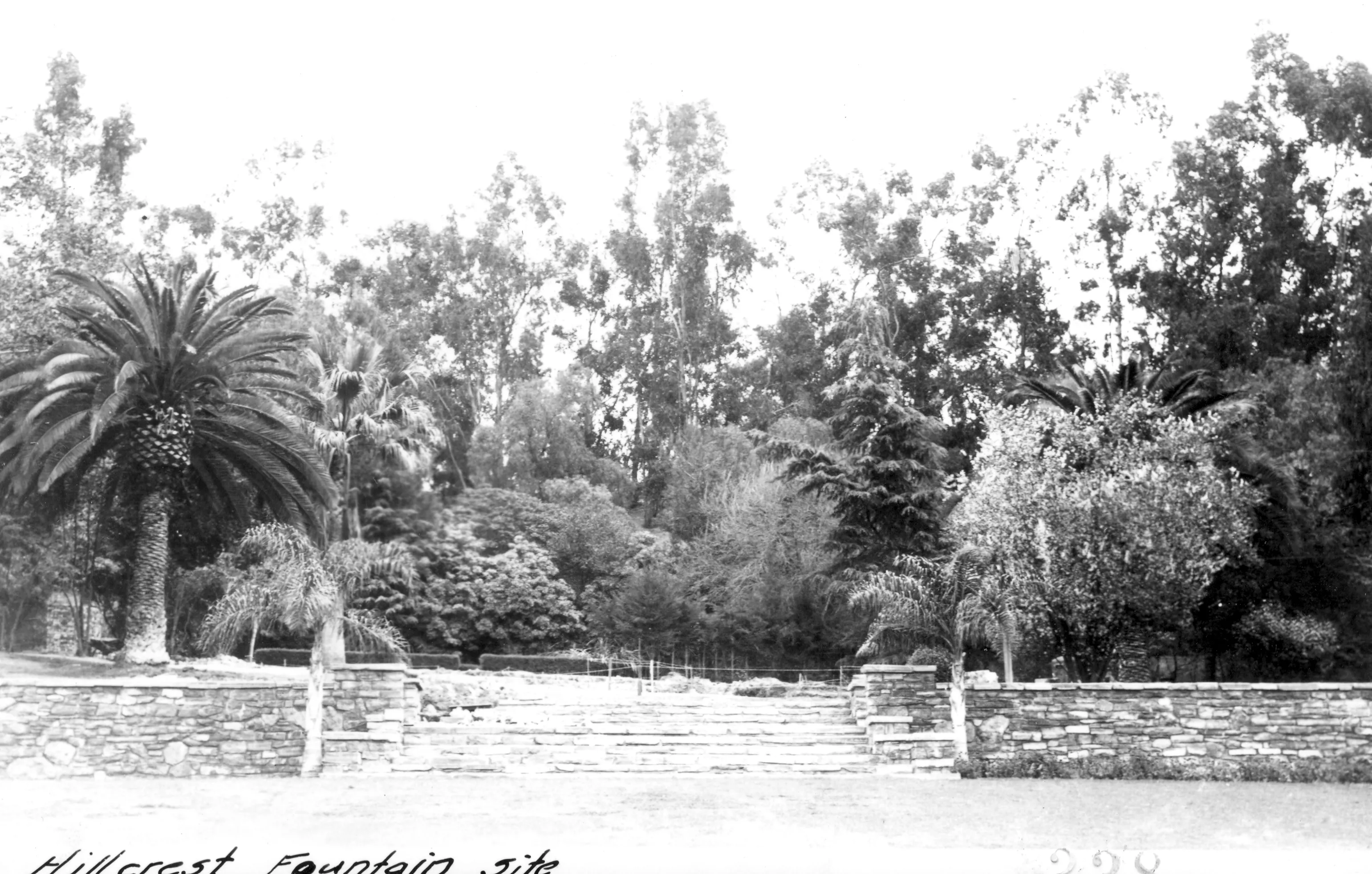 A black and white photograph of the Hillcrest Park Great Lawn before the fountain, taken in 1934.