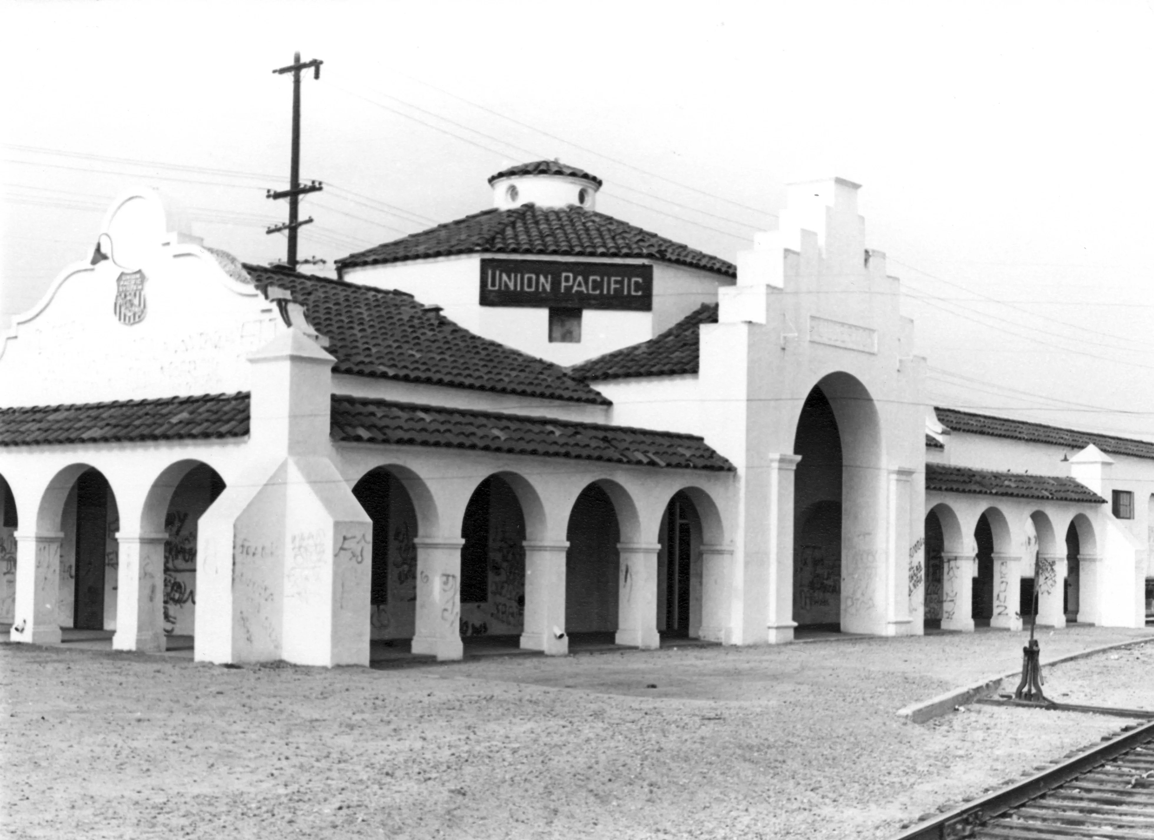 A black and white photograph of the Union Pacific Depot, taken in 1978 for the Historical Building Survey.