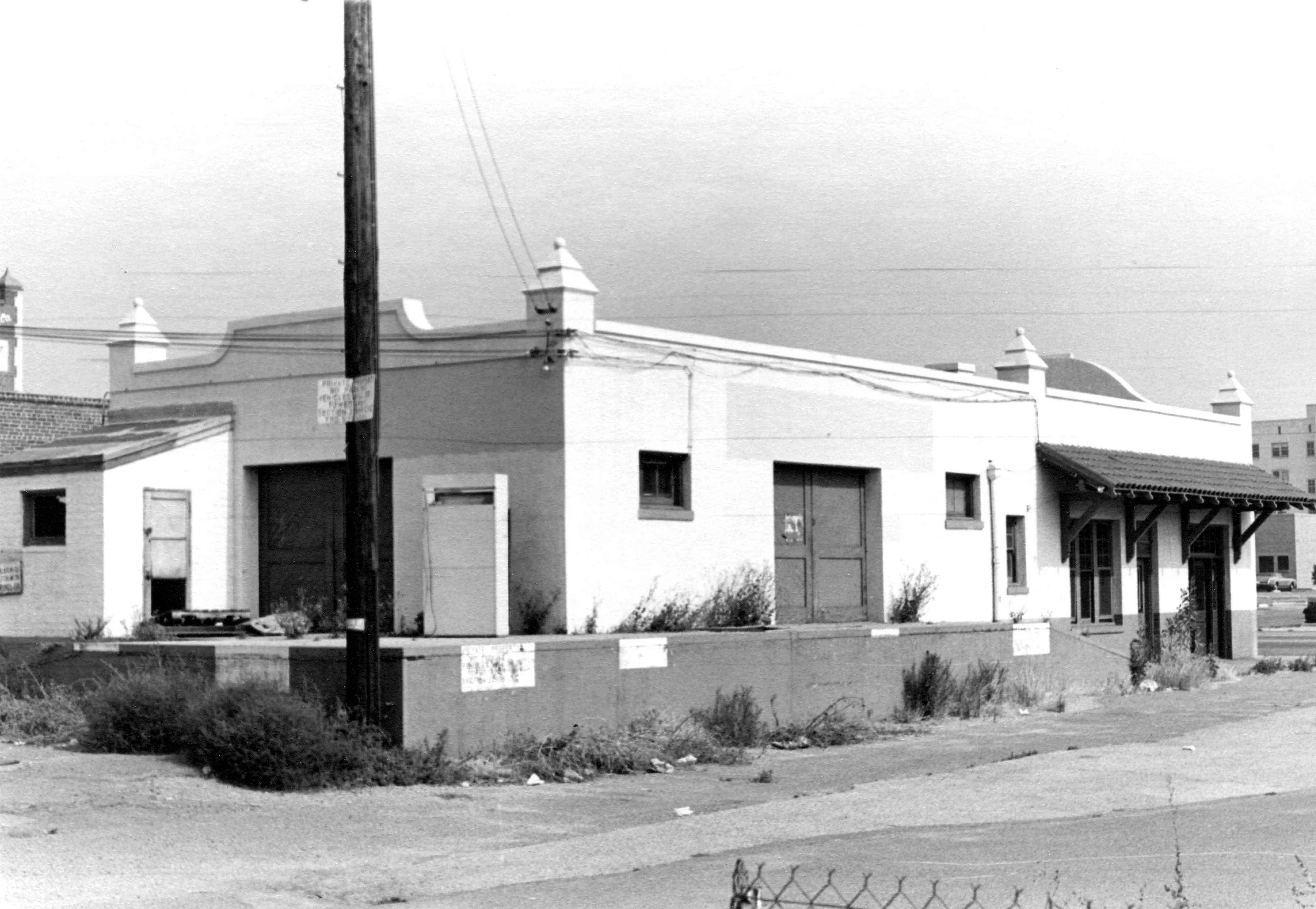 A black and white photograph of the Pacific Electric Depot taken in 1978 for the Historical Building Survey.
