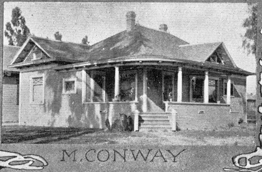 A black and white photograph of the Meredith Conway House taken in 1904. The bottom of the photo reads: M. CONWAY.