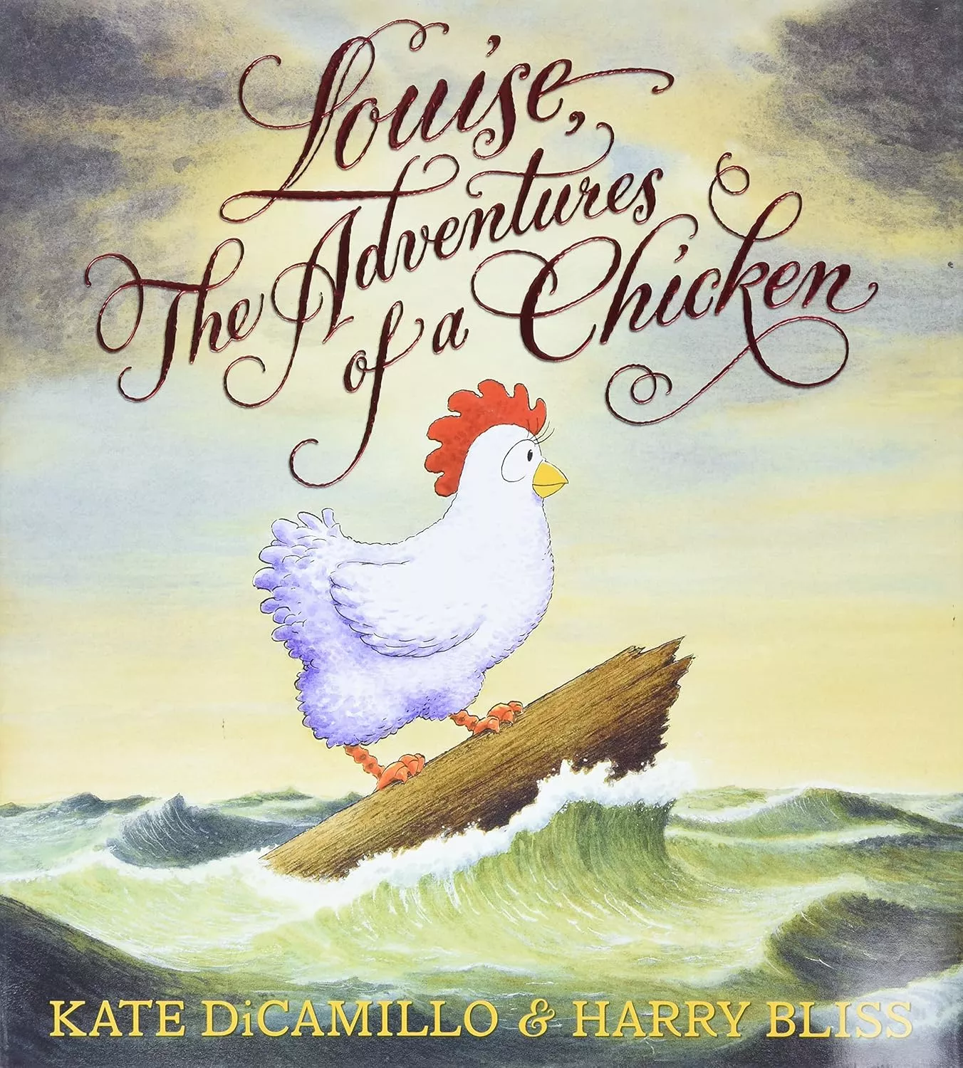 Cover of Louise the Adventures of a Chicken depicting a chicken on a piece of driftwood floating in the ocean.