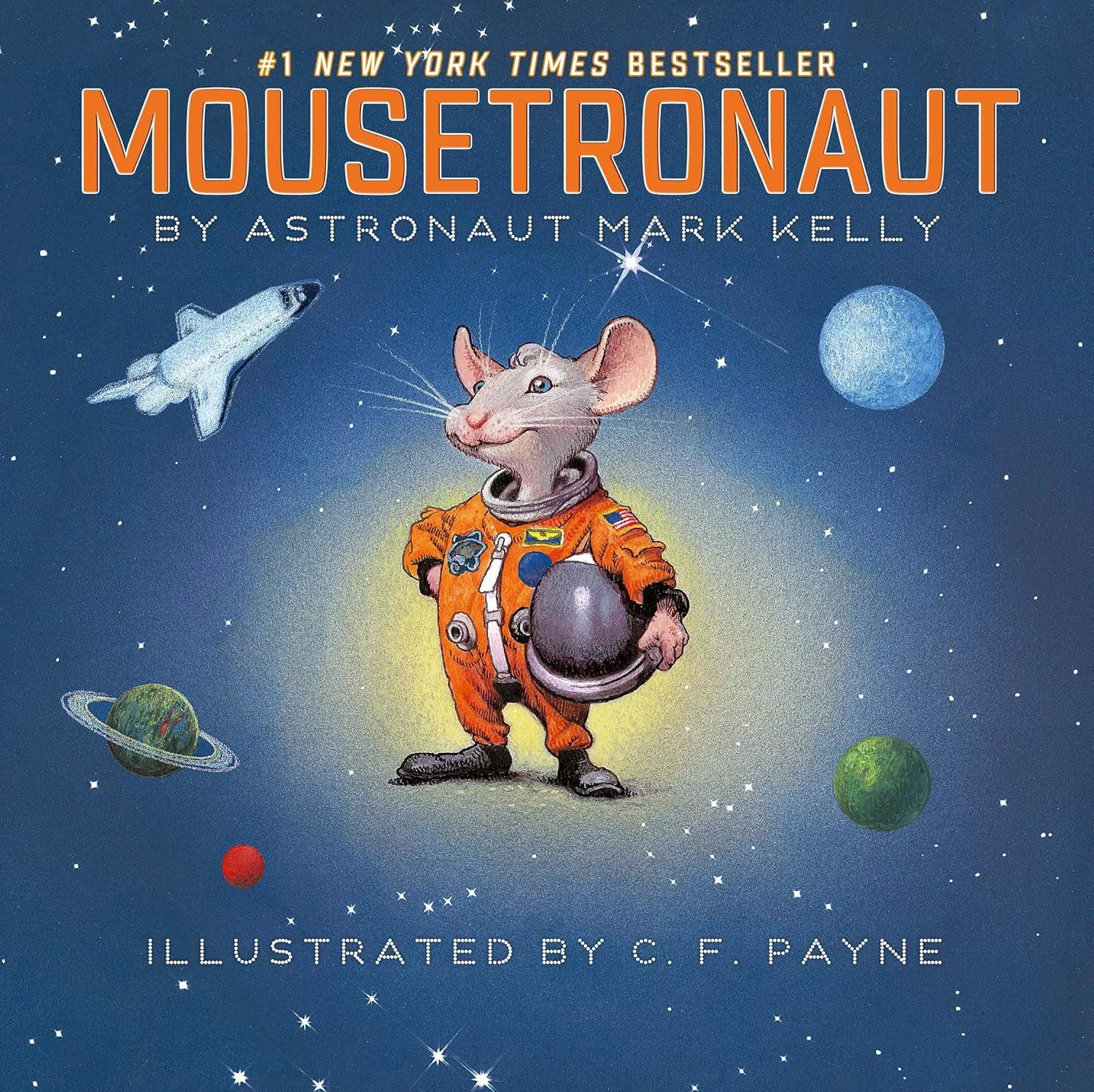 Cover of Mousetronaut depicting a gray mouse wearing an orange astronaut jumpsuit and holding a helmet.