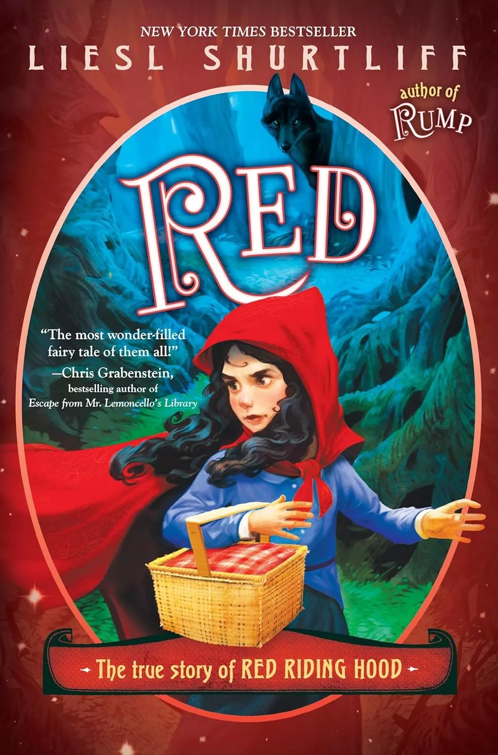 Cover of Red: The True Story of Red Riding Hood depicting a girl with black hair wearing a blue dress and a red hooded cloak, carrying a picnic basket.
