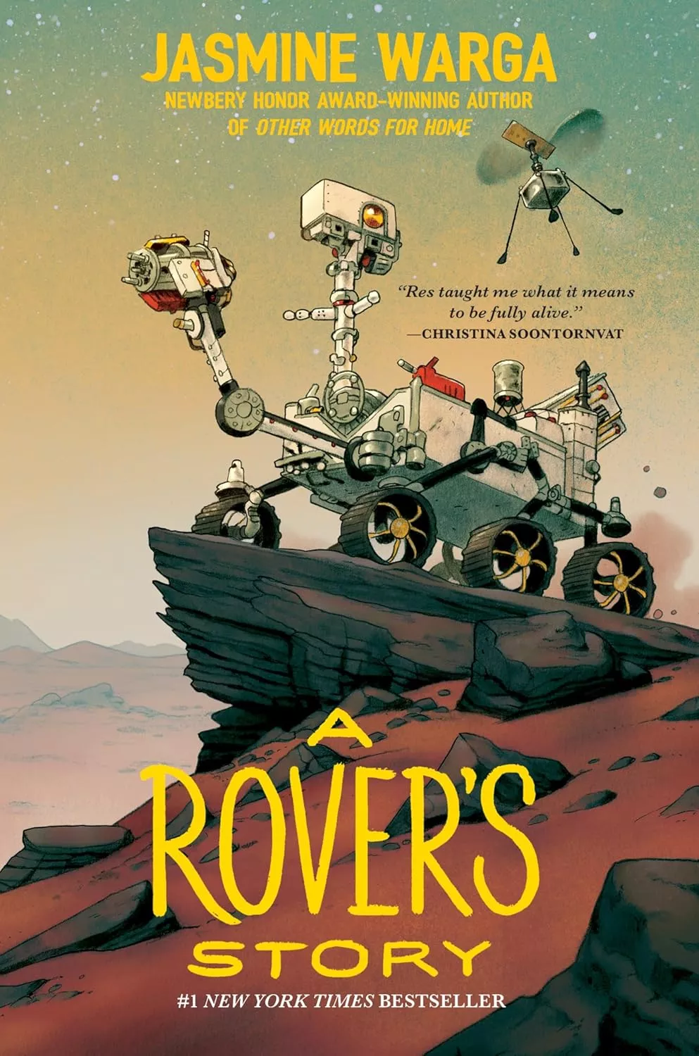 Cover of A Rover's Story by Jasmine Warga depicting the Mars Rover on the edge of a cliff.