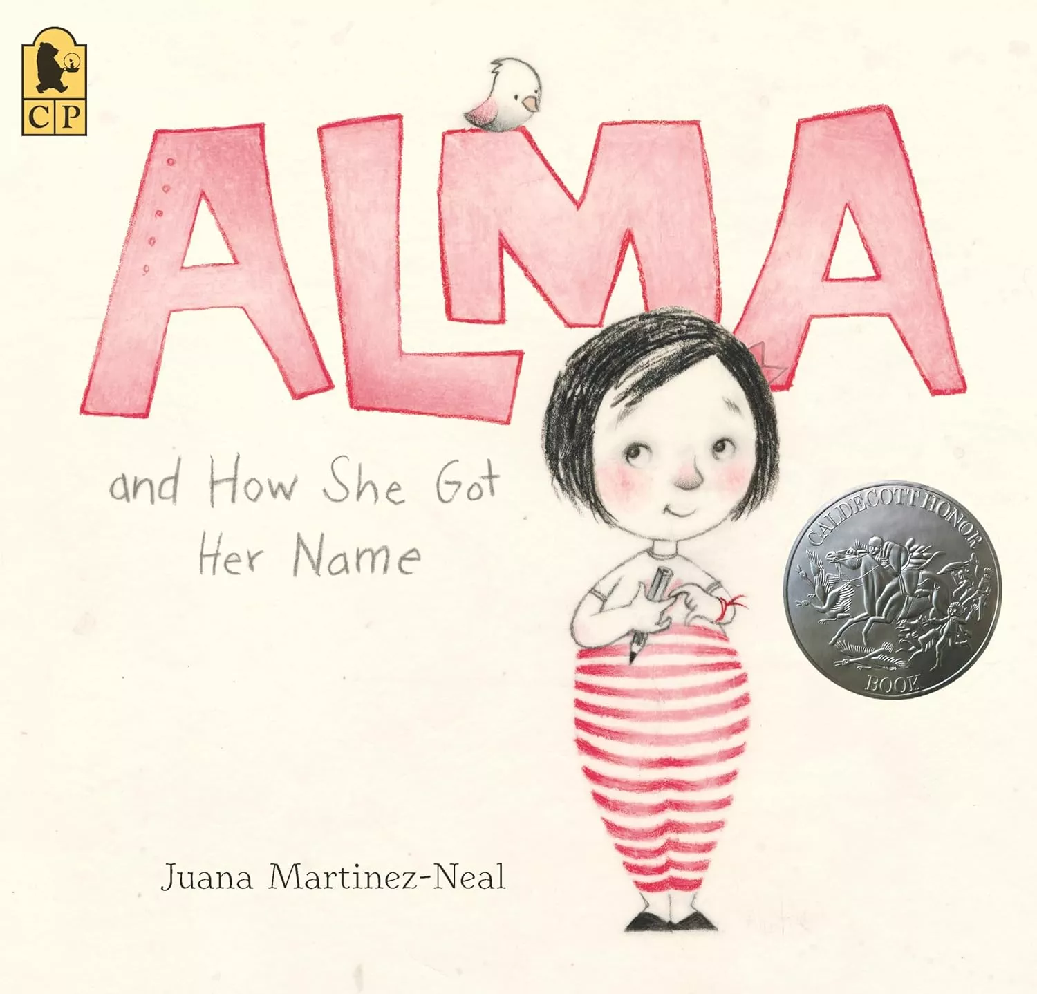 Cover of Alma and How She Got Her Name by Juana Martinez-Neal depicting a girl with short black hair wearing red an white striped overalls holding a pencil.