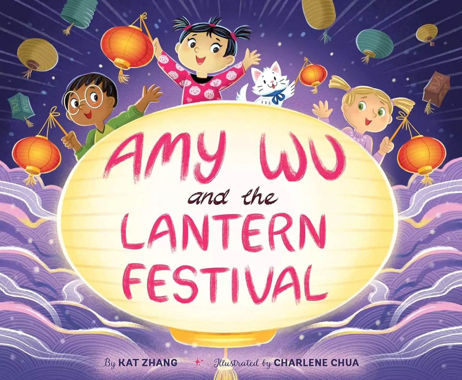 Cover of Amy Wu and the Lantern Festival by Kat Zhang depicting 3 children holding lanterns.