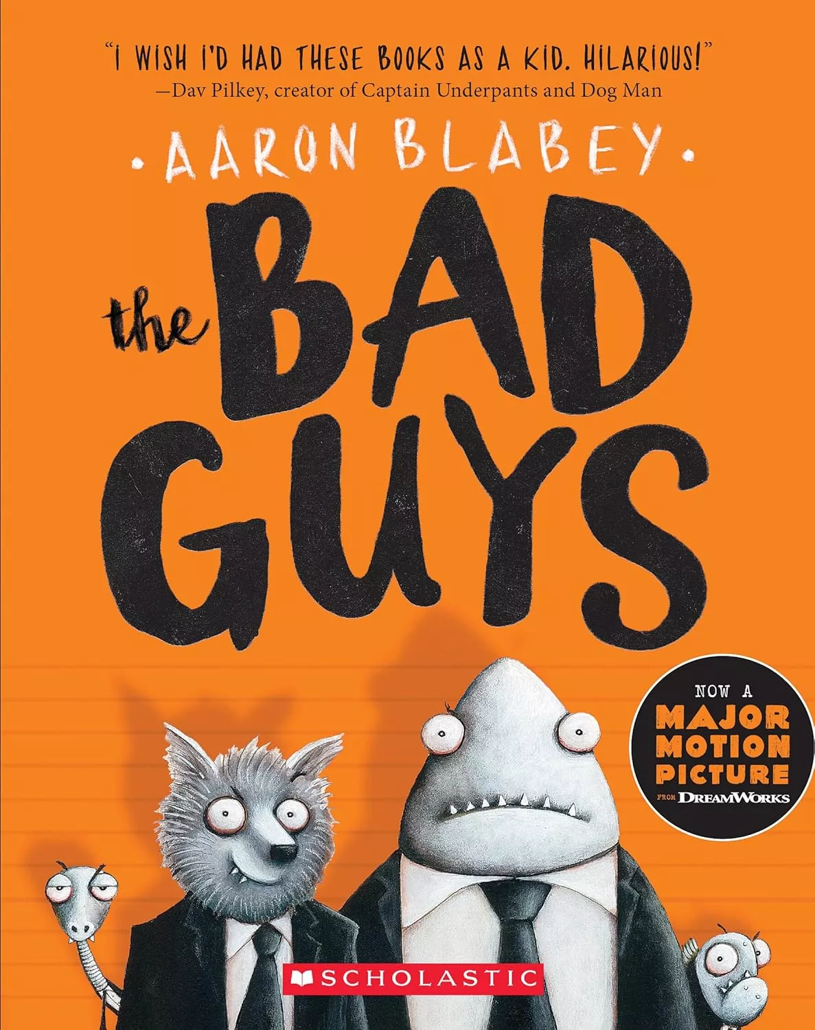 Cover of The Bad Guys by Aaron Blabey depicting a shark, a wolf, a snake, and a piranha all wearing suits and ties.
