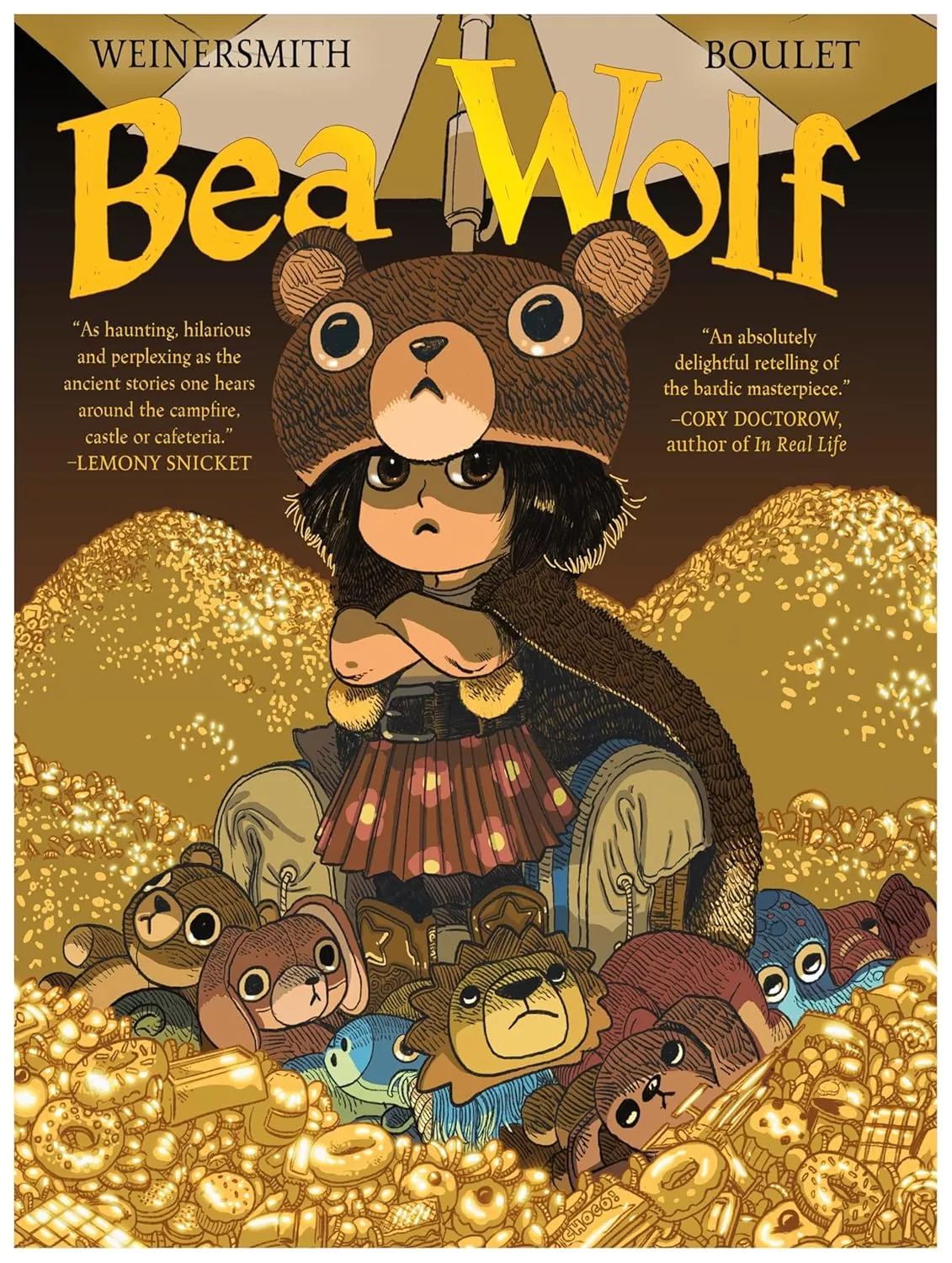 Cover of Bea Wolf by Zach Weinersmith depicting a girl wearing a bear cloak standing in a pile of gold and surrounded by teddy bears.