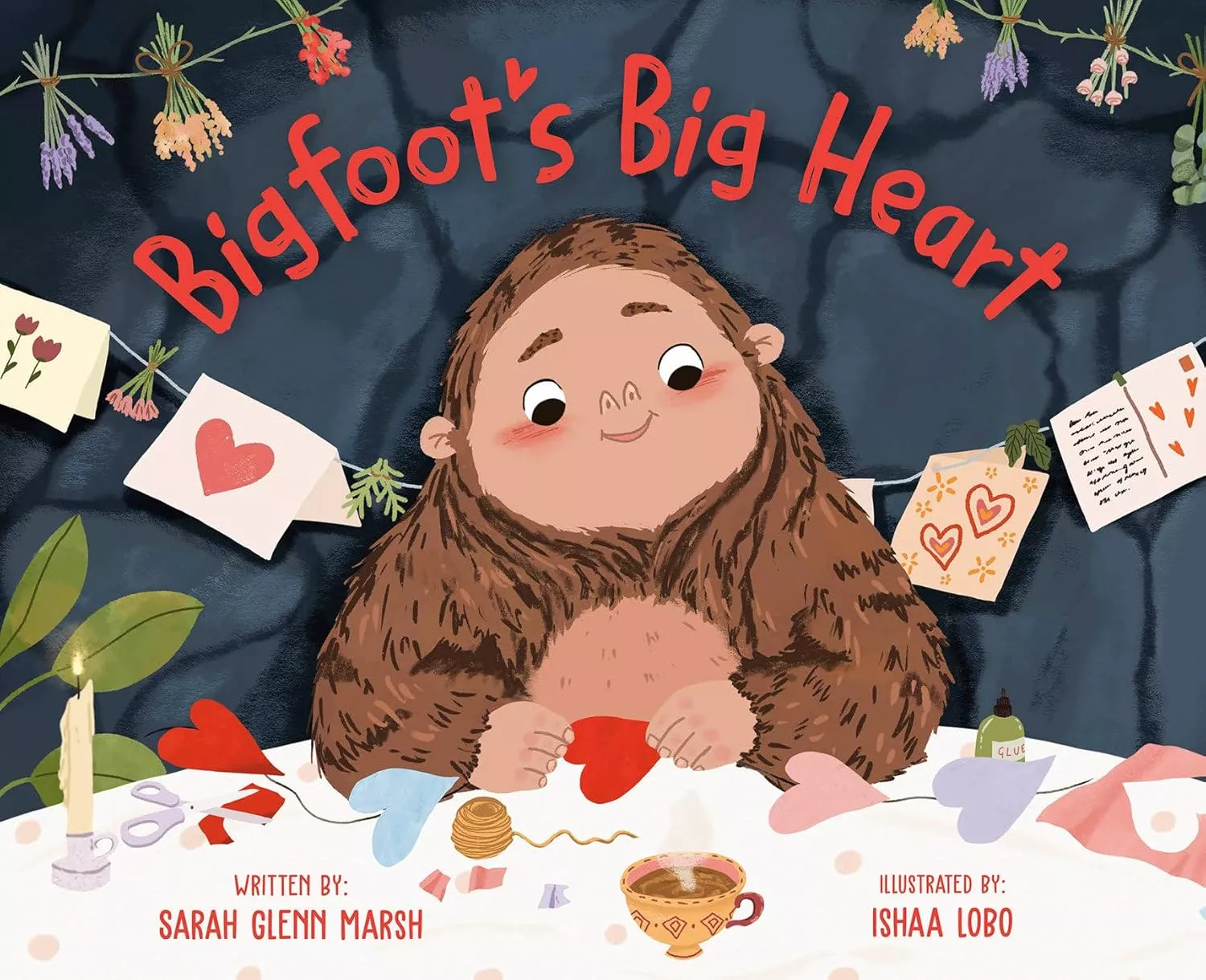 Cover of Bigfoot's Big Heart by Sarah Glenn Marsh depicting Bigfoot creating Valentine's cards.
