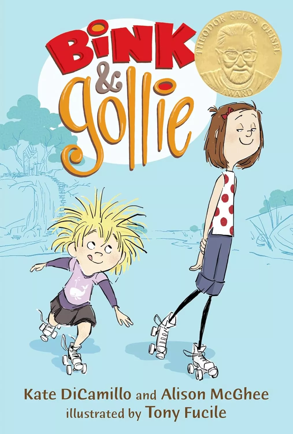 Cover of  Bink &amp; Gollie by Kate DiCamillo depicting two kids roller skating. 