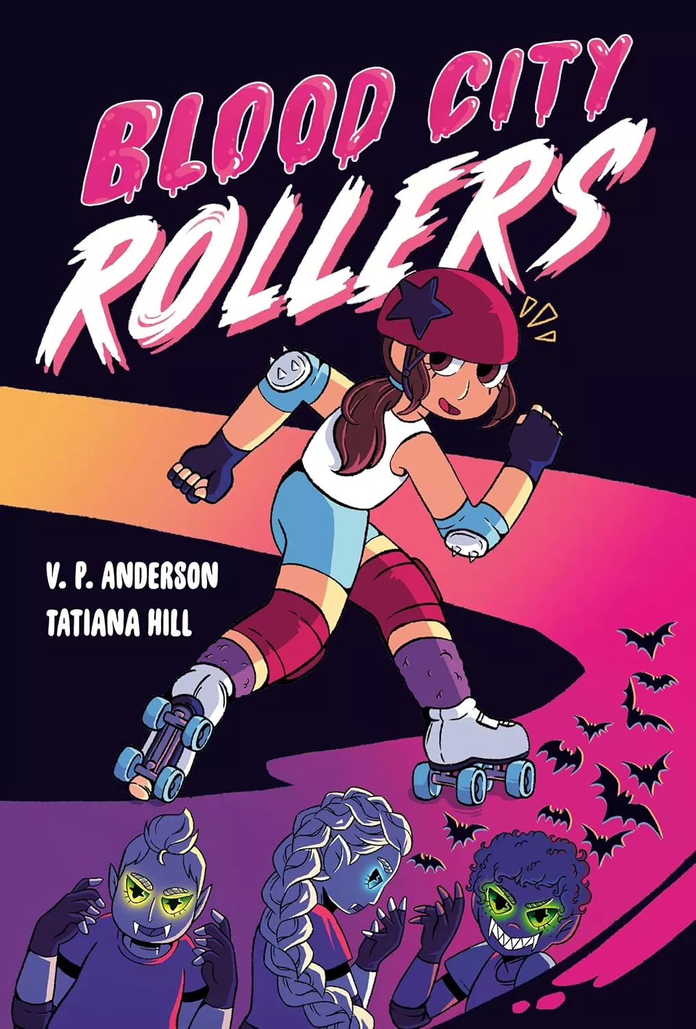 Cover of Blood City Rollers by V.P. Anderson depicting a girl roller skating while three spooky looking monster kids watch her from below.