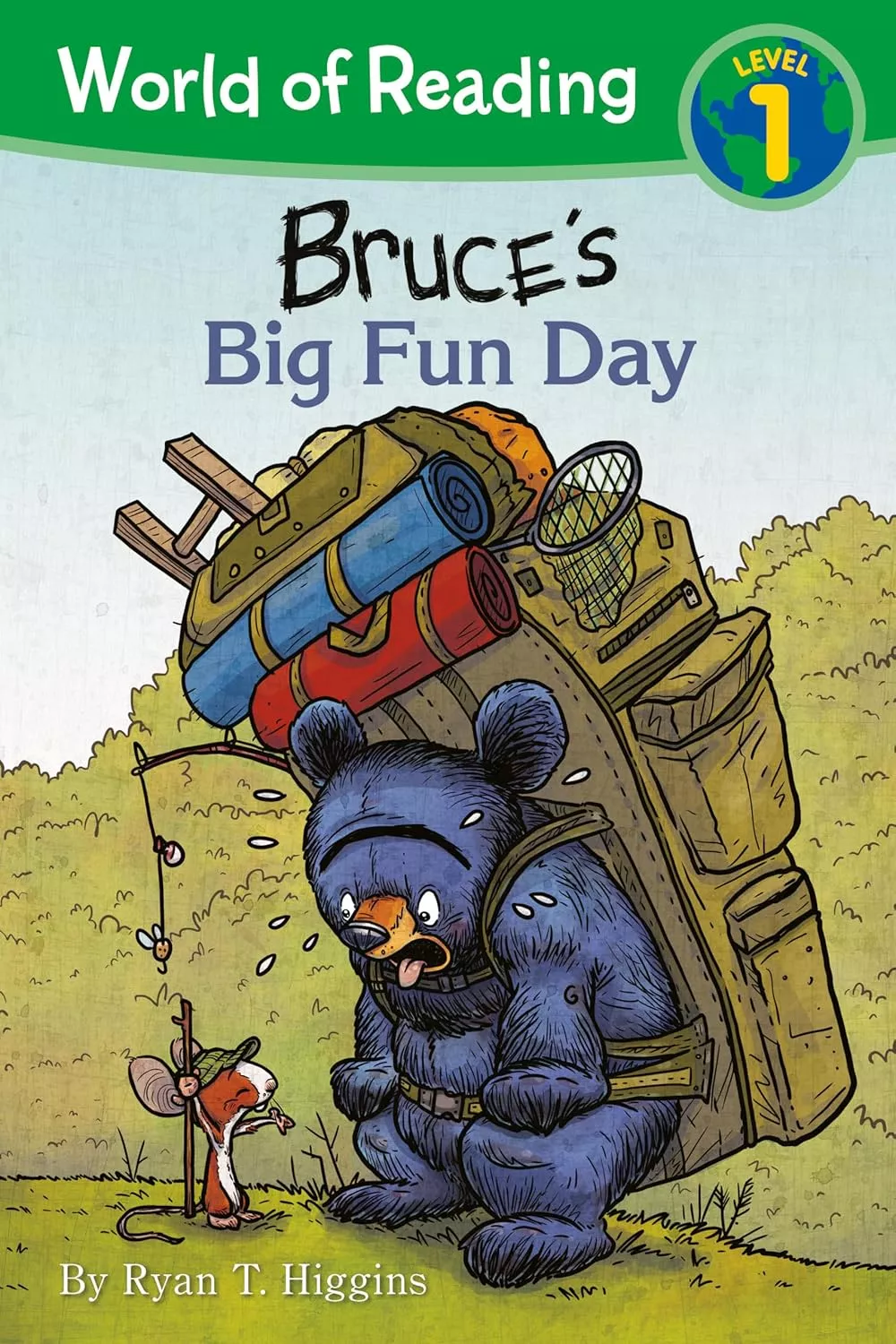 Cover of Bruce's Big Fun Day by Ryan T. Higgins depicting Bruce struggling to carry an oversized backpack full of camping supplies while a small, brown mouse looks at him.